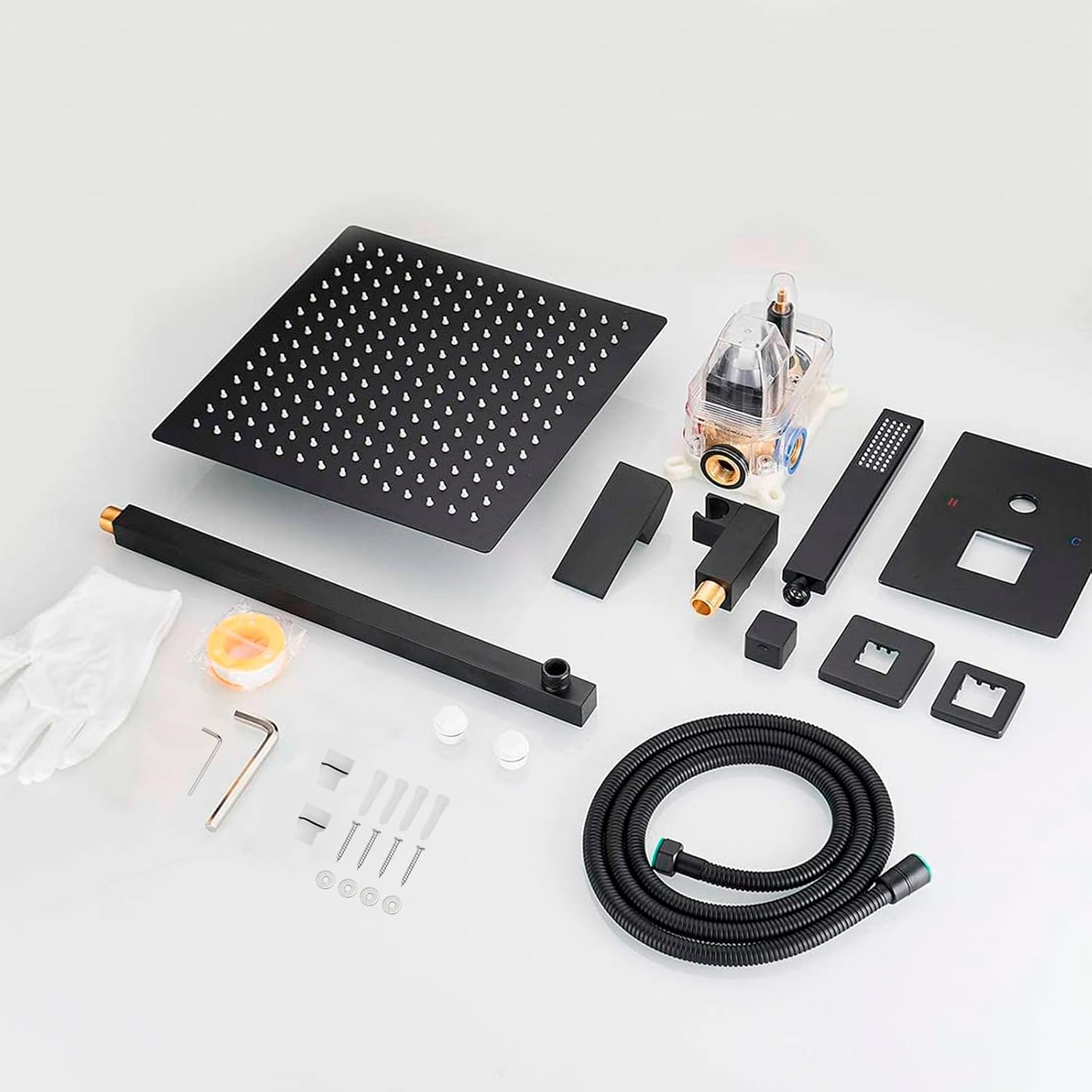 All components of the BWE shower system laid out, including the rain shower head, handheld sprayer, valve, and installation hardware.