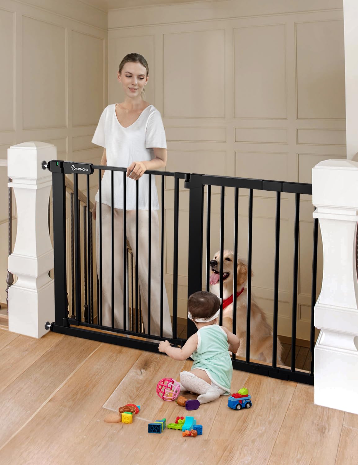 COMOMY 30" Tall Baby Gate for Stairs Doorways, Fits Openings 29.5" to 51.6" Wide, Auto Close Extra Wide Dog Gate for House, Pressure Mounted Easy Walk Through Pet Gate with Door, Black 30"Tall 51.6"Wide Black