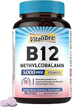 Vitalibre Vitamin B12 Sublingual 5000 mcg, Methylcobalamin, Bioactive Form, High Absorption, Vegan, Nerve, Energy, Immune, Mood Support, Natural Peach Flavor, 90 Fast Dissolve Mini Tablets, No Sugar