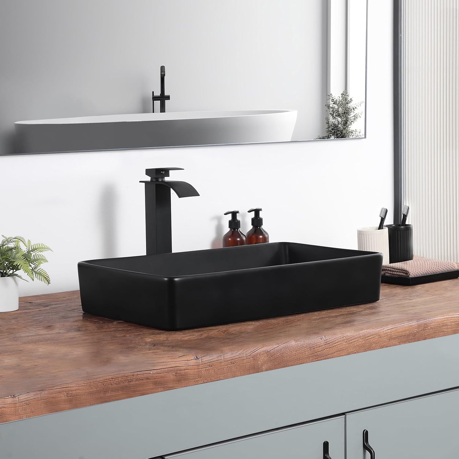Vessel Sink 24"x14" Rectangular Matte Black 24 Inch Ceramic Porcelain Bathroom Sink Modern Above Counter Art Basin