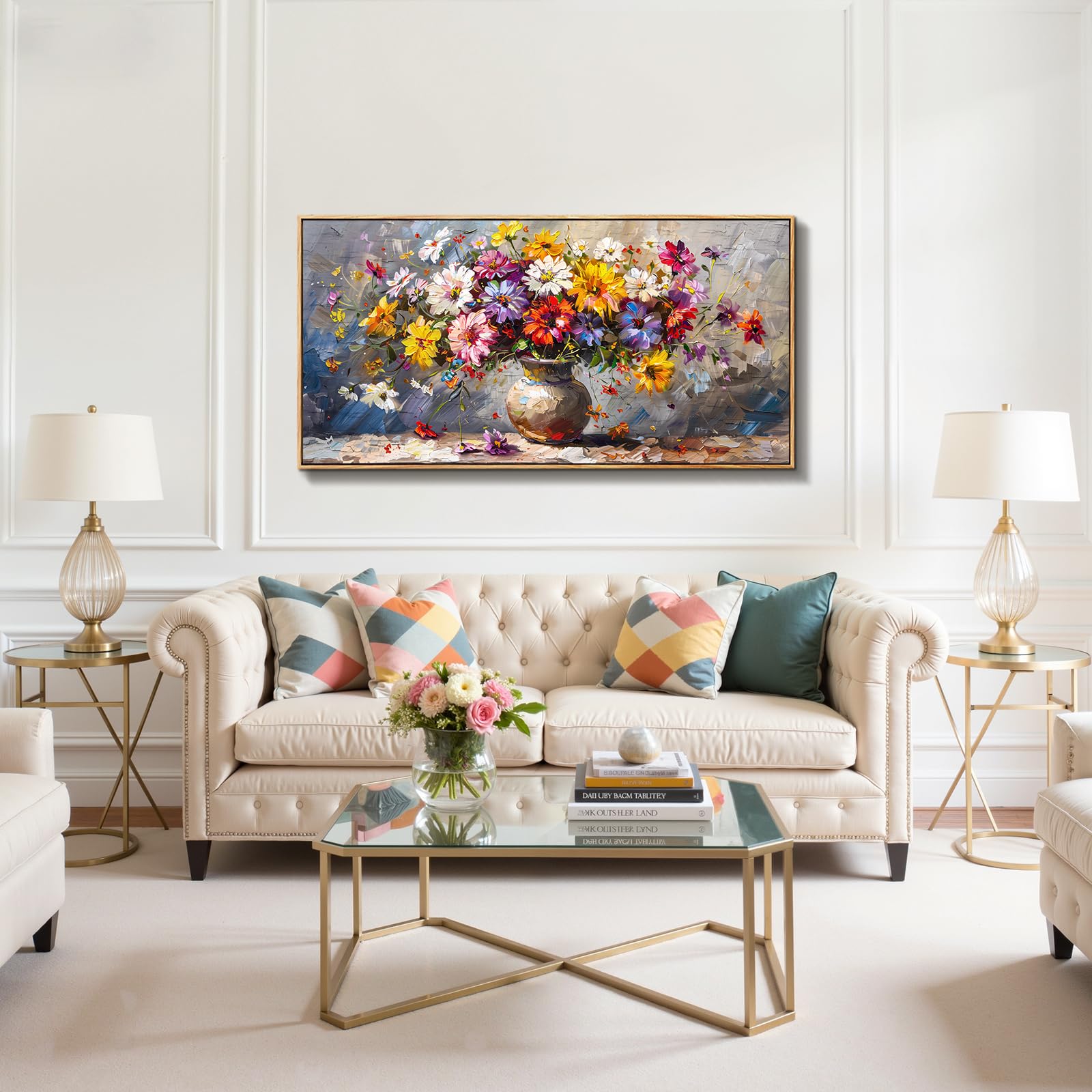 JHHUAMO Wandbilder Wohnzimmer Groß, Natürliche Leinwand Bilder mit Rahmen, Bunte Vase GemäLde, Modern Aesthetic Botanische Wanddekoration für Schlafzimmer Flur Büro Esszimmer 73x146 cm