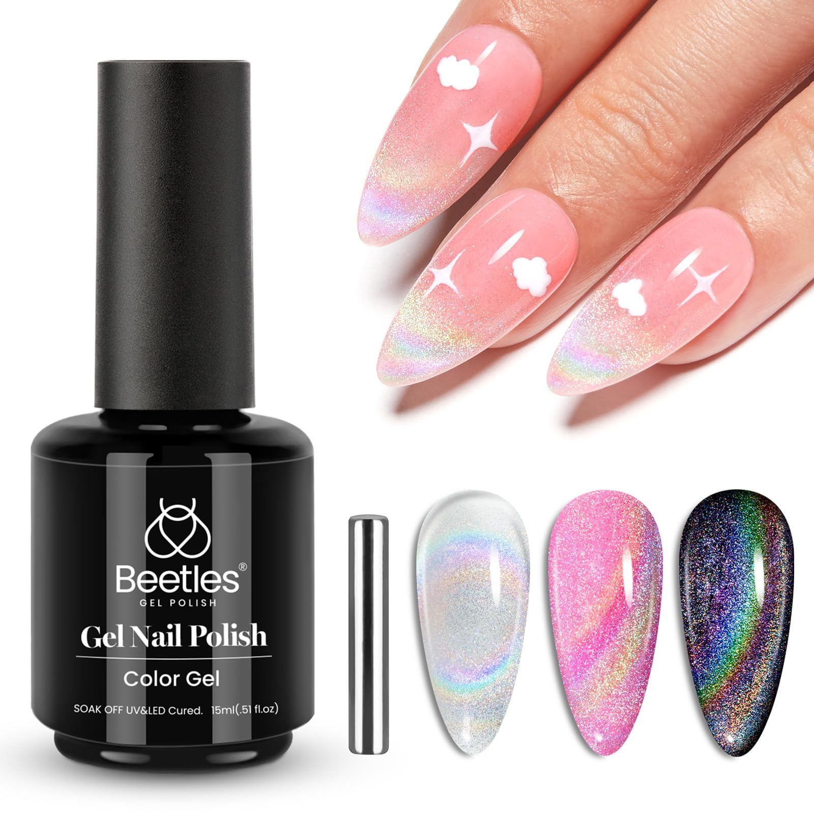 Beetles Silver Cat Eye Gel Nail Polish - 15ML Christmas Silver Glitter Rainbow Cat Eye Gel Polish with Magnet Soak Off UV Velvet Nail Polish Salon DIY Manicure Winter Gift for Women