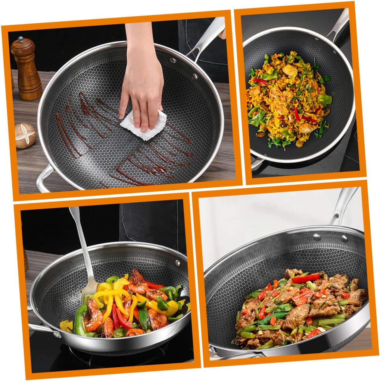 Honeycomb Grain Stainless Steel Wok Non-stick Frying Pan for Induction Cooktops Scratch-resistant Double Handle Design Easy to Clean Kitchenware