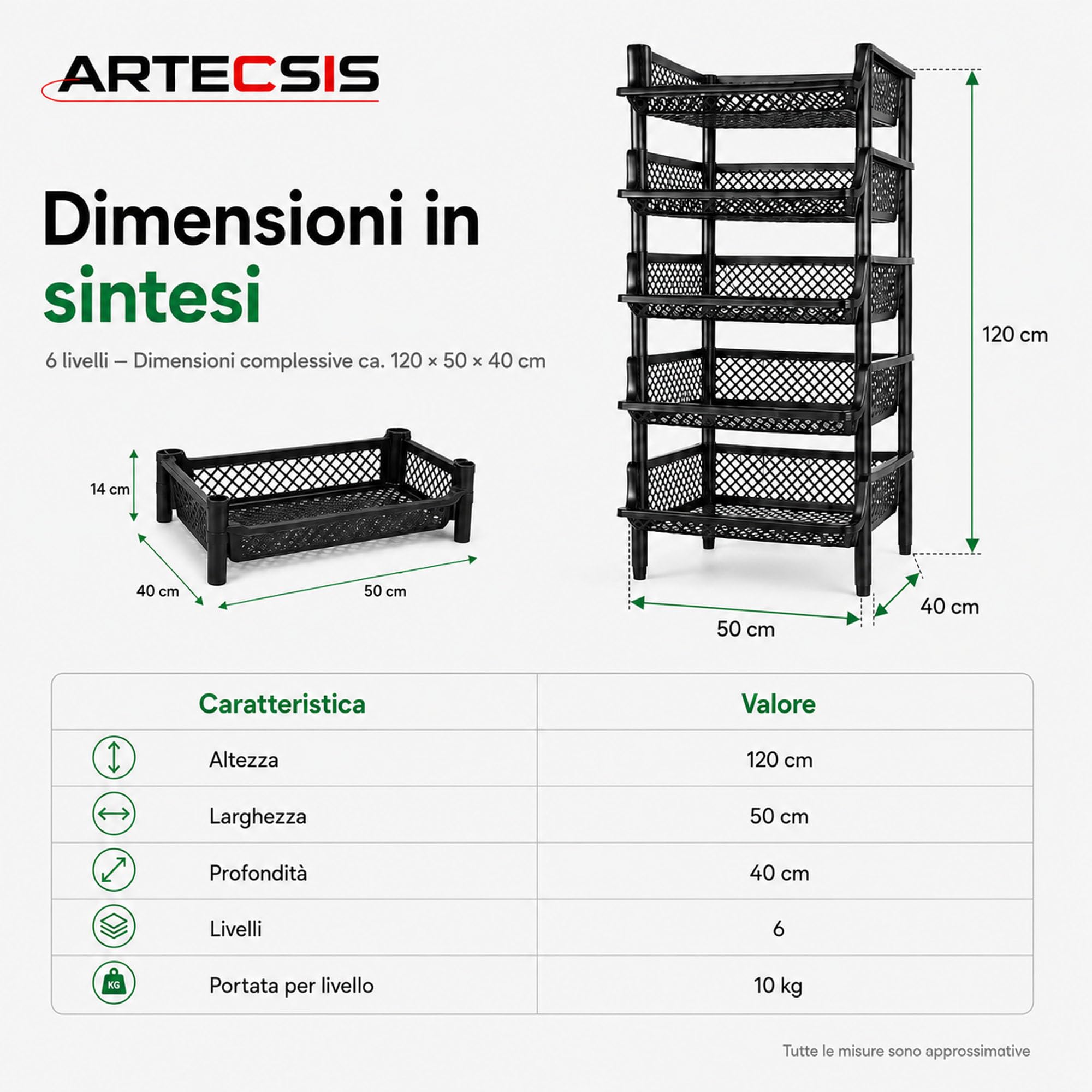 ARTECSIS Scaffale in plastica a 6 livelli 120x50x40cm, nero/max 10Kg/caso