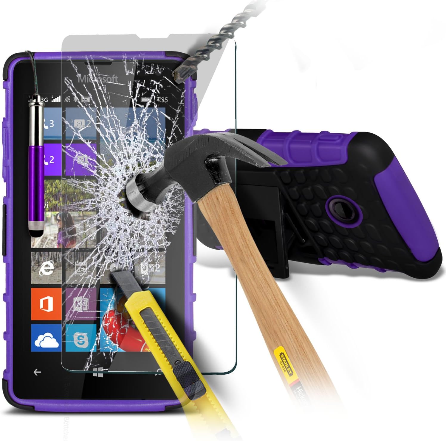 Fone-Case ( Purple ) Microsoft Lumia 532 Case Brand New Luxury Tough Survivor Hard Rugged Shock Proof Heavy Duty Case W/ Back Stand, LCD Screen Protector Guard, Polishing Cloth & Mini Retractable Stylus Pen