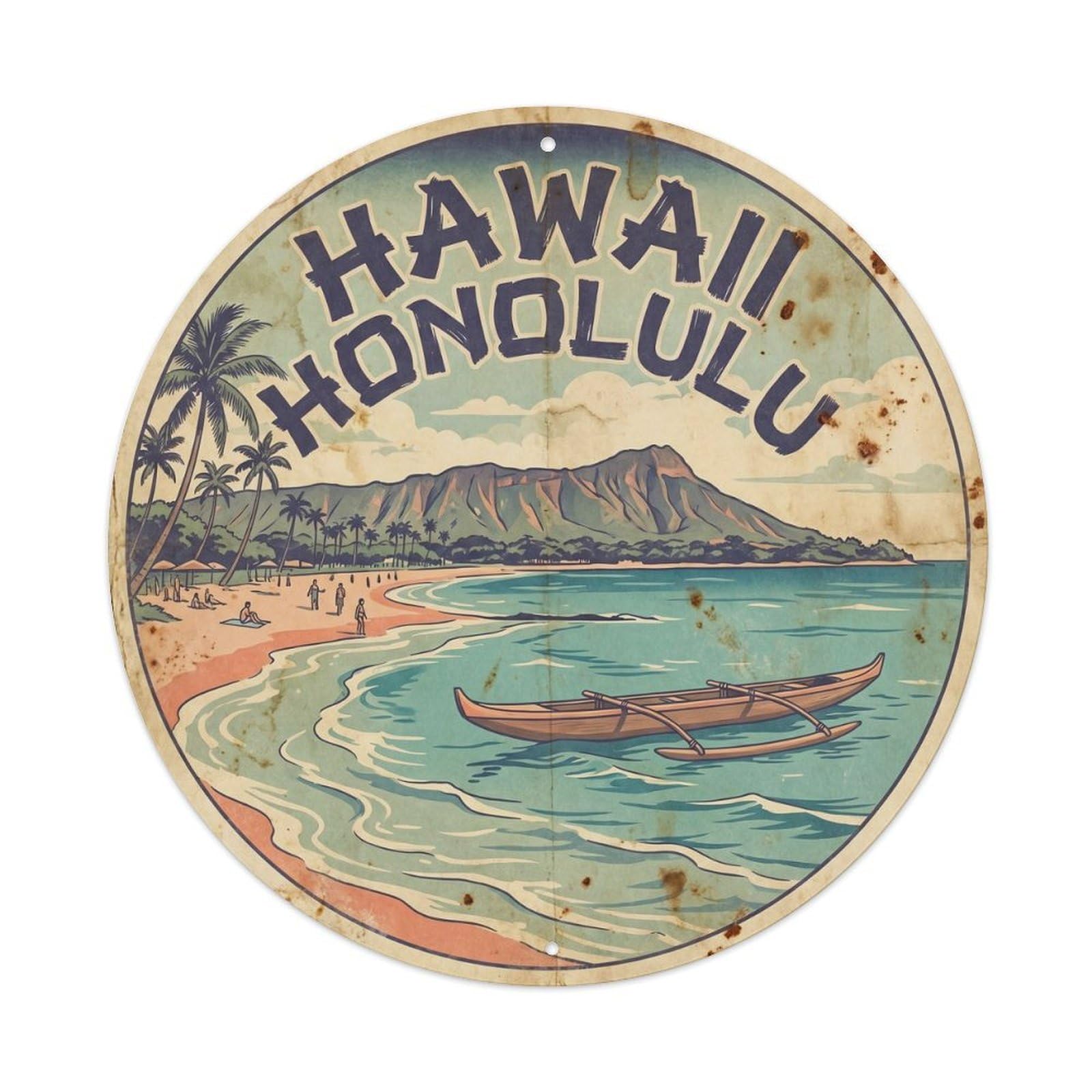 Hawaii Honolulu North Pacific Vintage Woodcut Metal Tin Sign