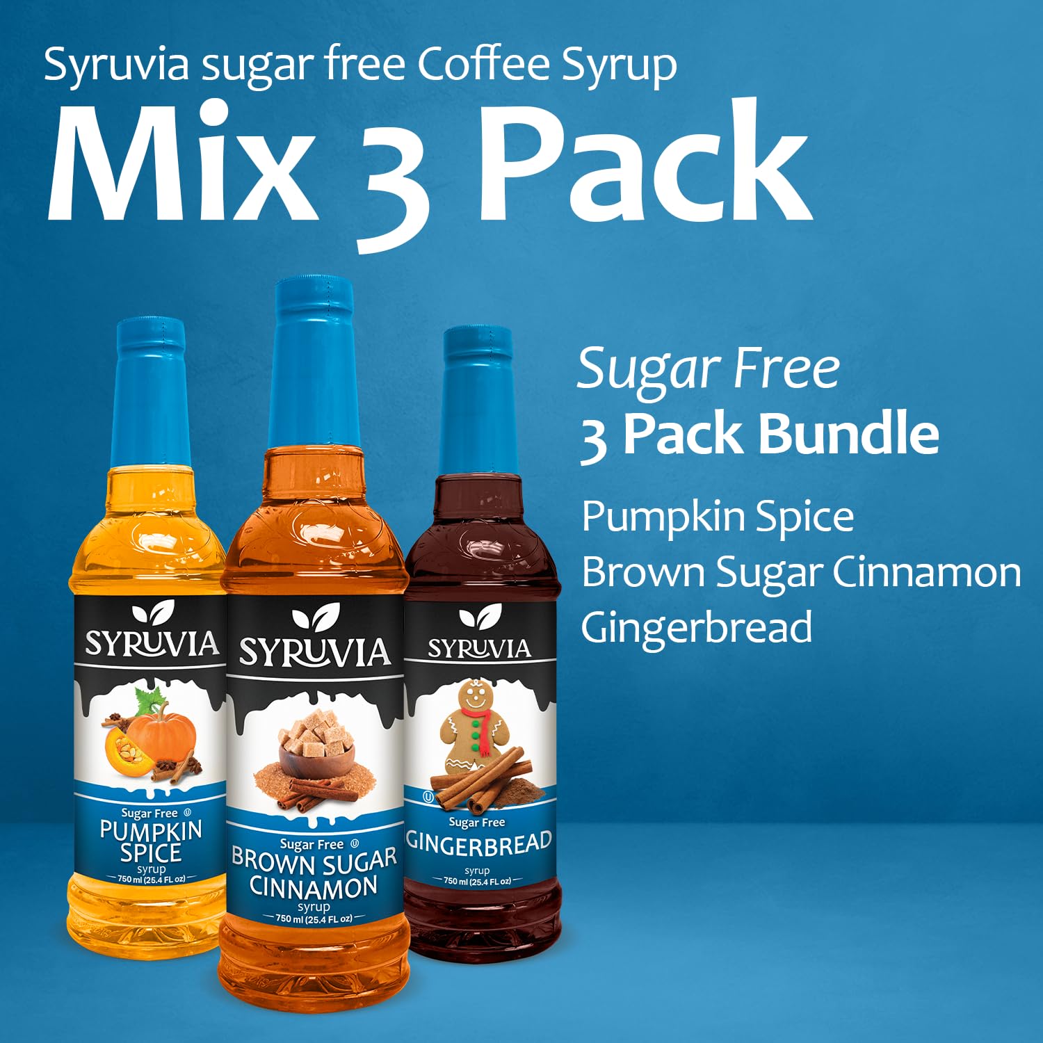 Syruvia Sugar-Free Holiday Syrup Variety Pack - Pumpkin Spice, Brown Sugar Cinnamon & Gingerbread - 25.4oz - 0 Calorie - 3-Flavor Holiday Gift Set, Gluten-Free, Kosher (3-Pack)