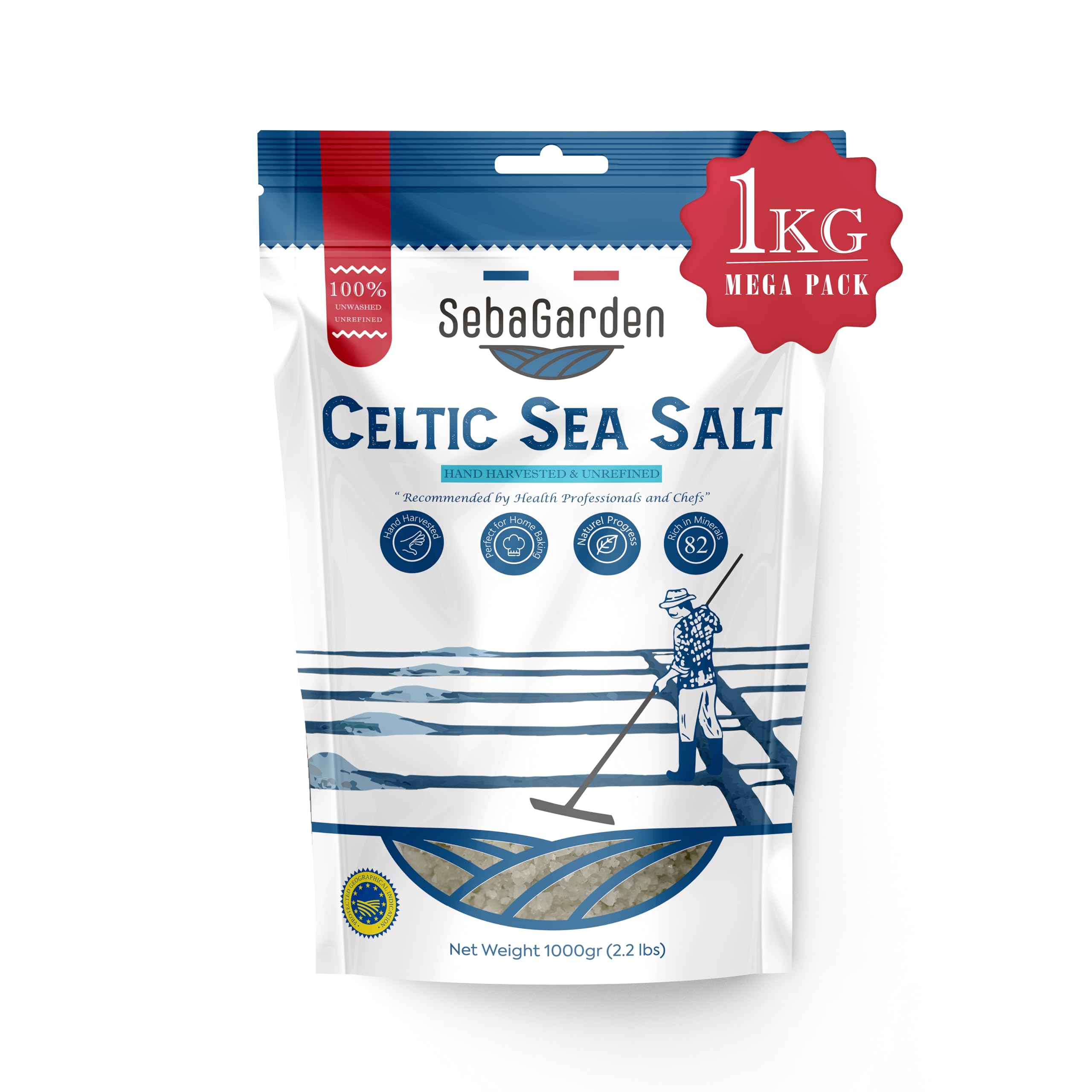 Seba GardenCeltic Sea Salt Grey, 1kg, Certificated Organic Reseallable Bag of Grey Sea Salt, Hand Harvested, Contains Over 82 Essential Minerals