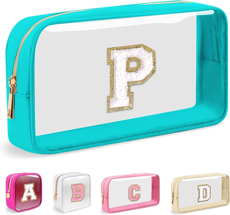 Necessaire transparente Iqimott com letra Chenille, nylon e zíper, Cyan-White P, 20,07 cm x 12,95 cm x 5,84 cm