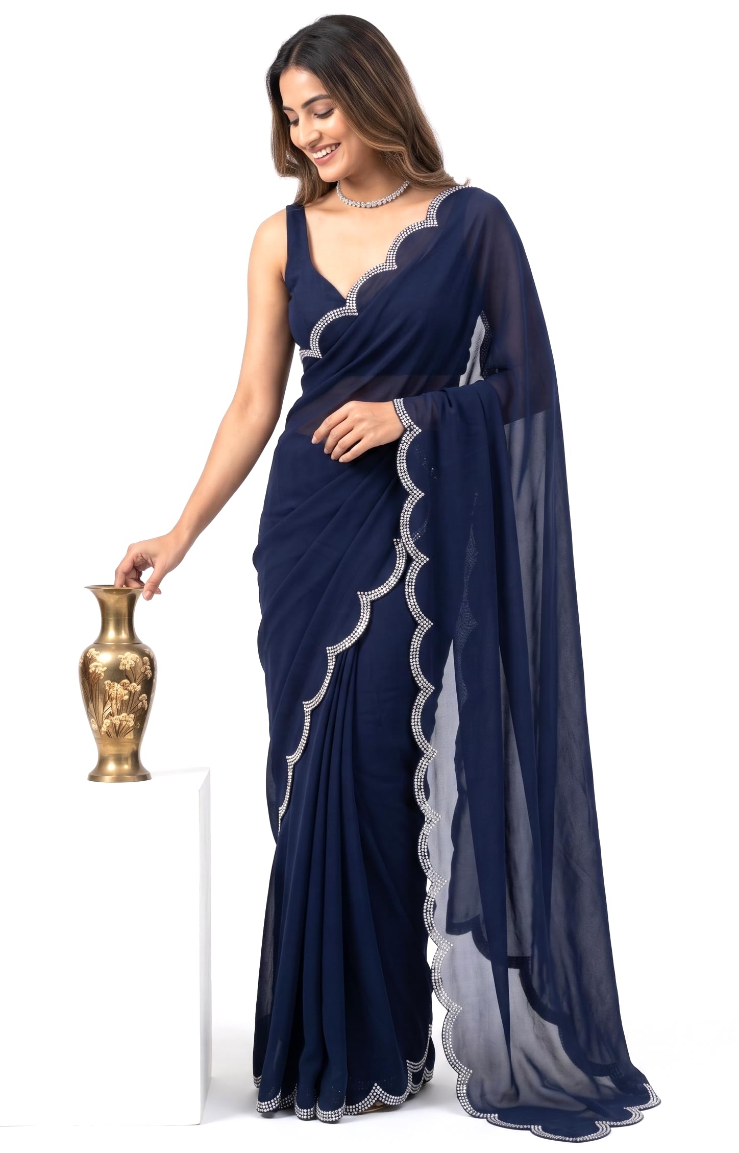 Designer Georgette Diamond Work Saree for Women Dimond Embllished Shimmer Sadi Heavy Stone Sari Wedding Festive Collection Fansy Boder Sari New Sadi-image-36