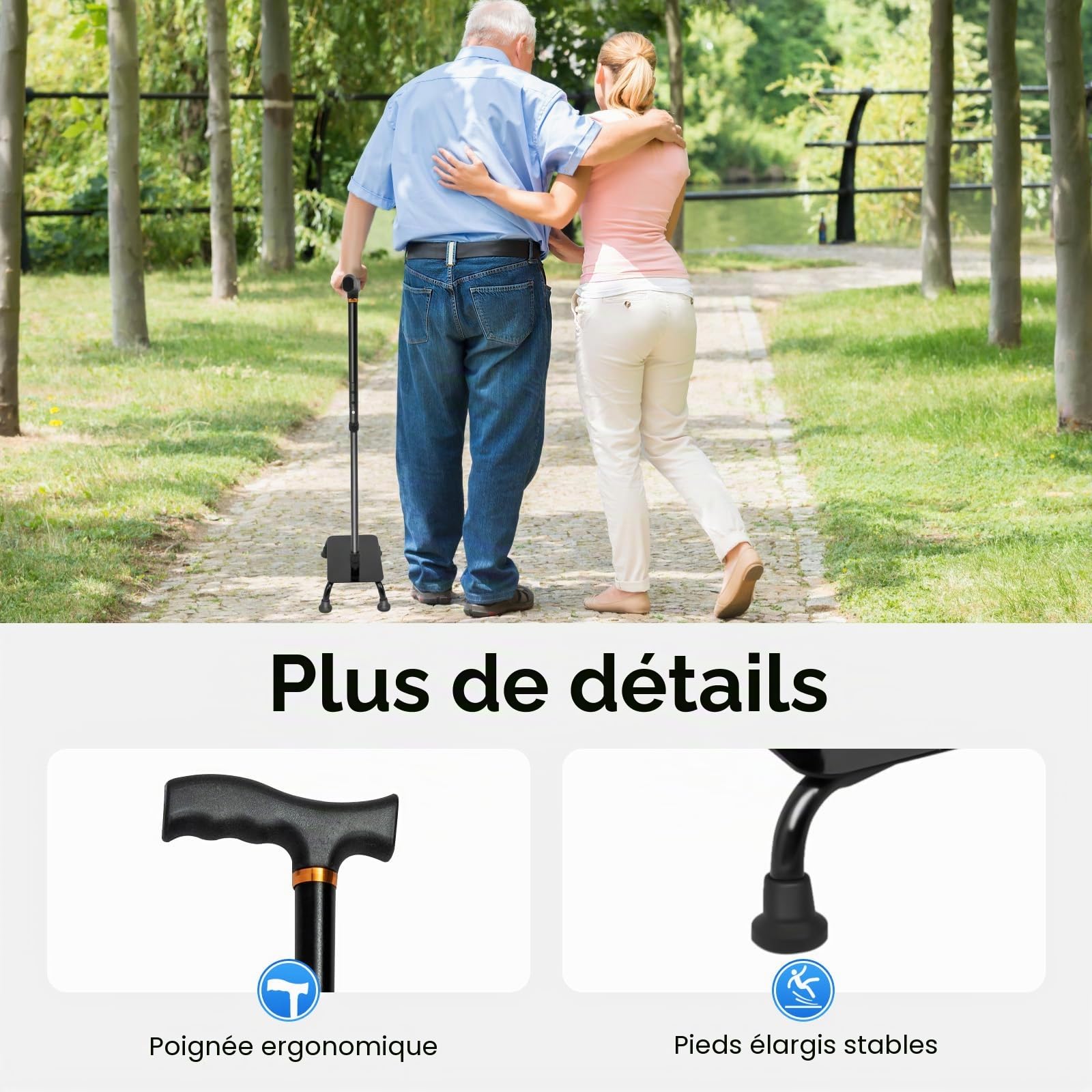 Canne d'escalier réglable en aluminium et fer avec base pour personnes âgées et aide à la mobilité (max. 150 kg)