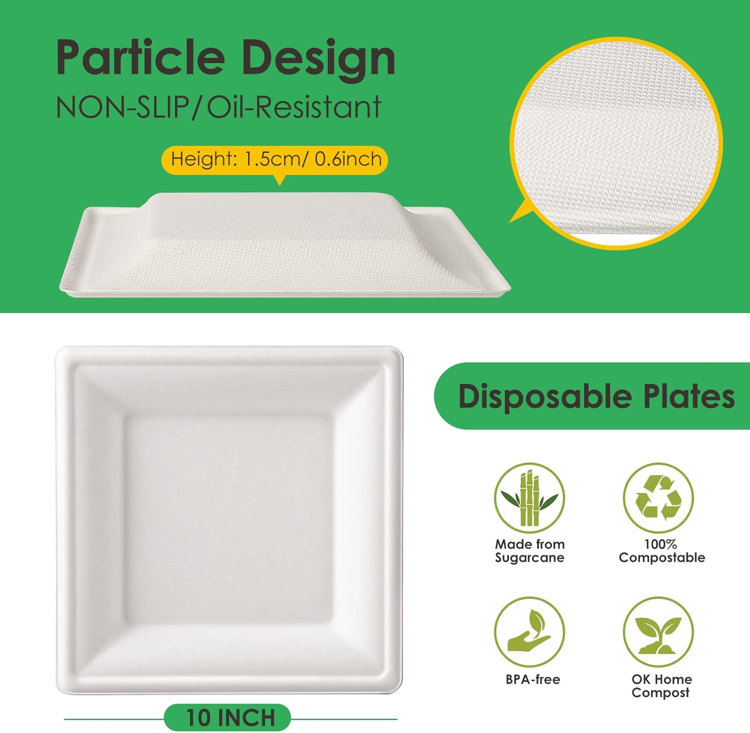 Gezond 100 Pack Compostable Square Paper Plates 10 Inch Disposable Plate Large Square Dinner Plate Biodegradable White Plates for Party - Image 2