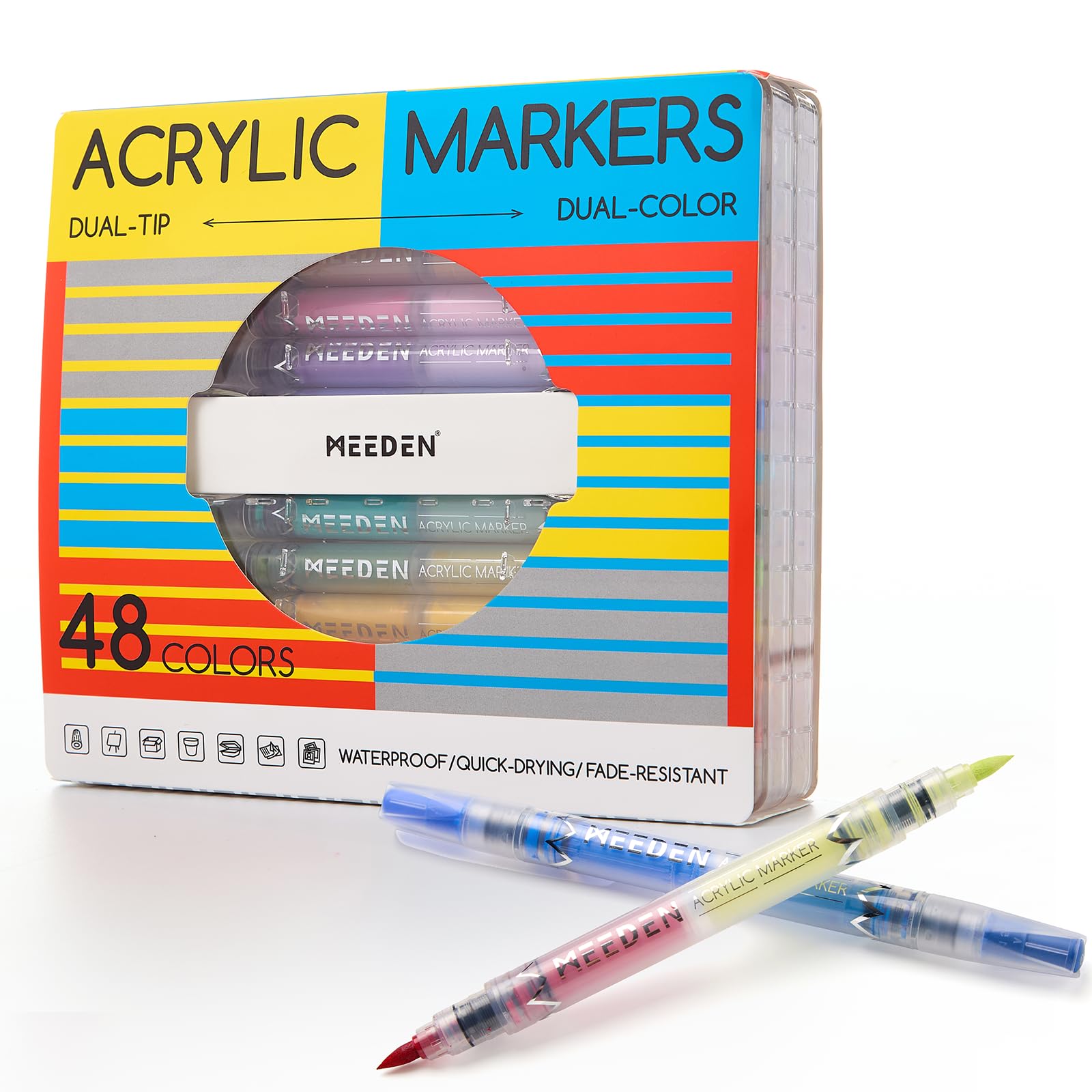 MEEDEN Rotuladores de pintura acrílica de doble punta: 48 colores/paquete de 24 marcadores acrílicos con control automático de tinta para suministros de arte, bolígrafos de pintura de secado rápido