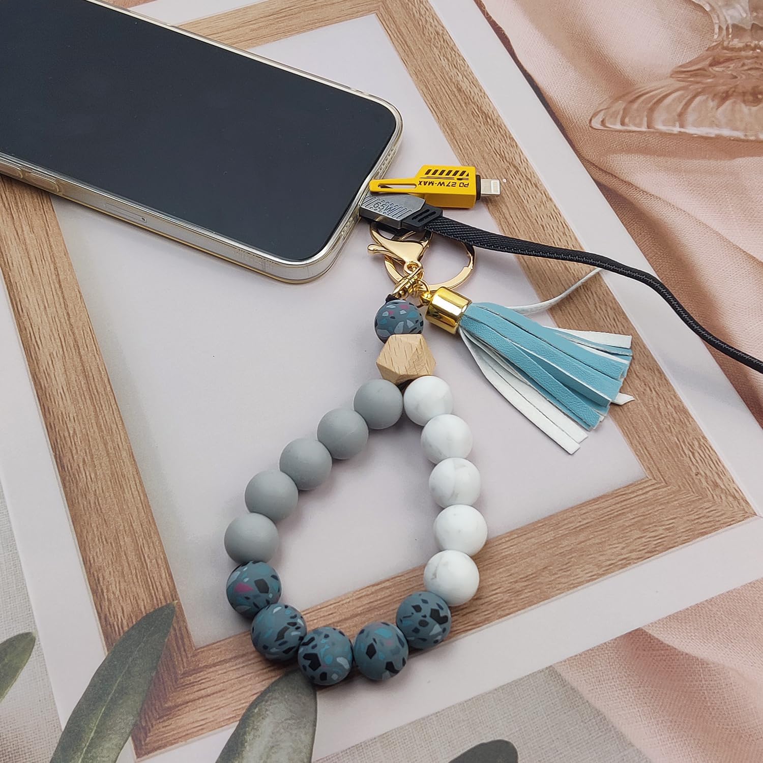 Phone Lanyard Silicone Beaded Phone Wrist Strap Cute Elastic Cell Phone Wristlet Chain Bracelet with 2 Tether Tab - Image 3