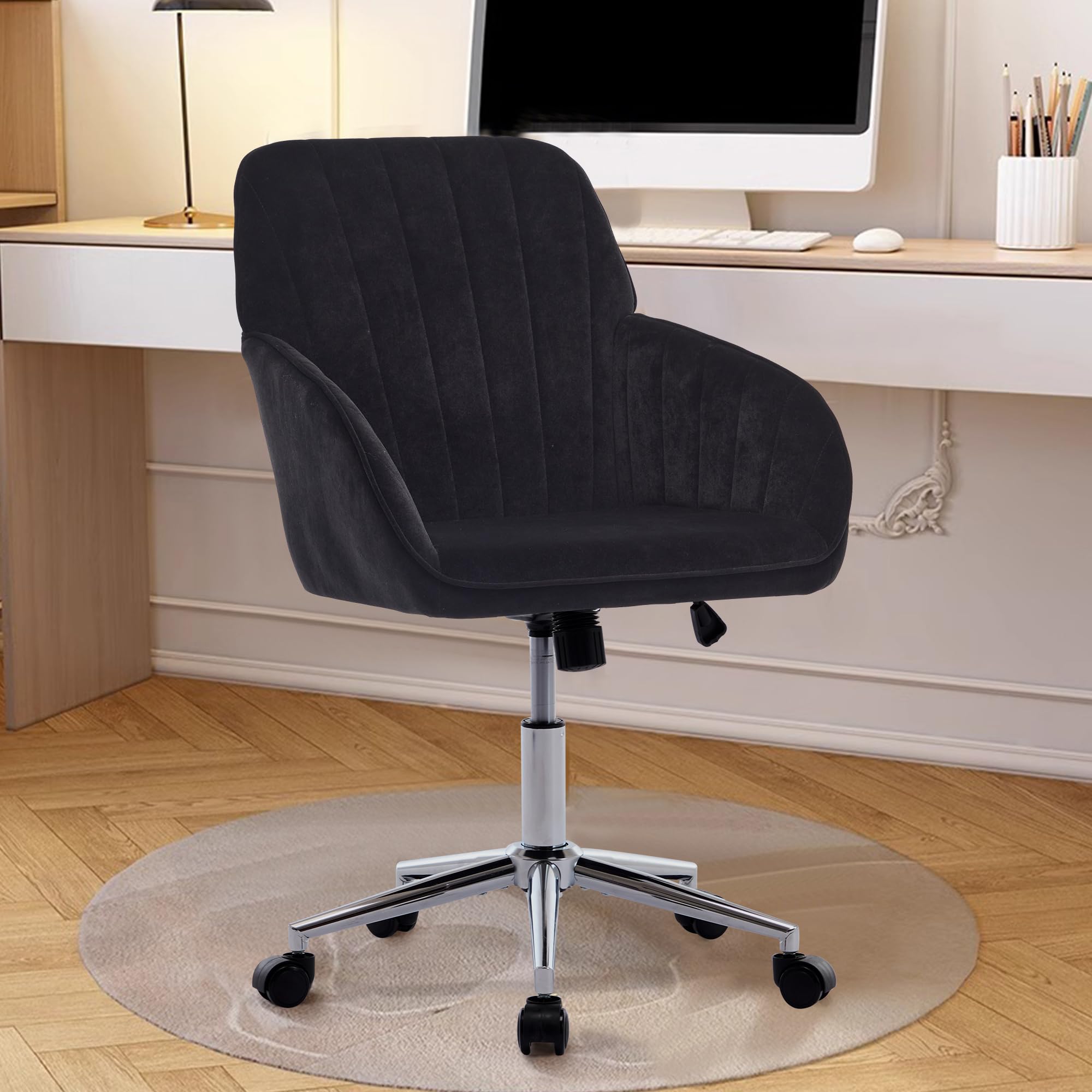 Home Office Desk Chair with Adjustable Height, Ergonomic Swivel Computer Gaming Task Chair with Five Wheels, Velvet Upholstered Silver Base Rolling