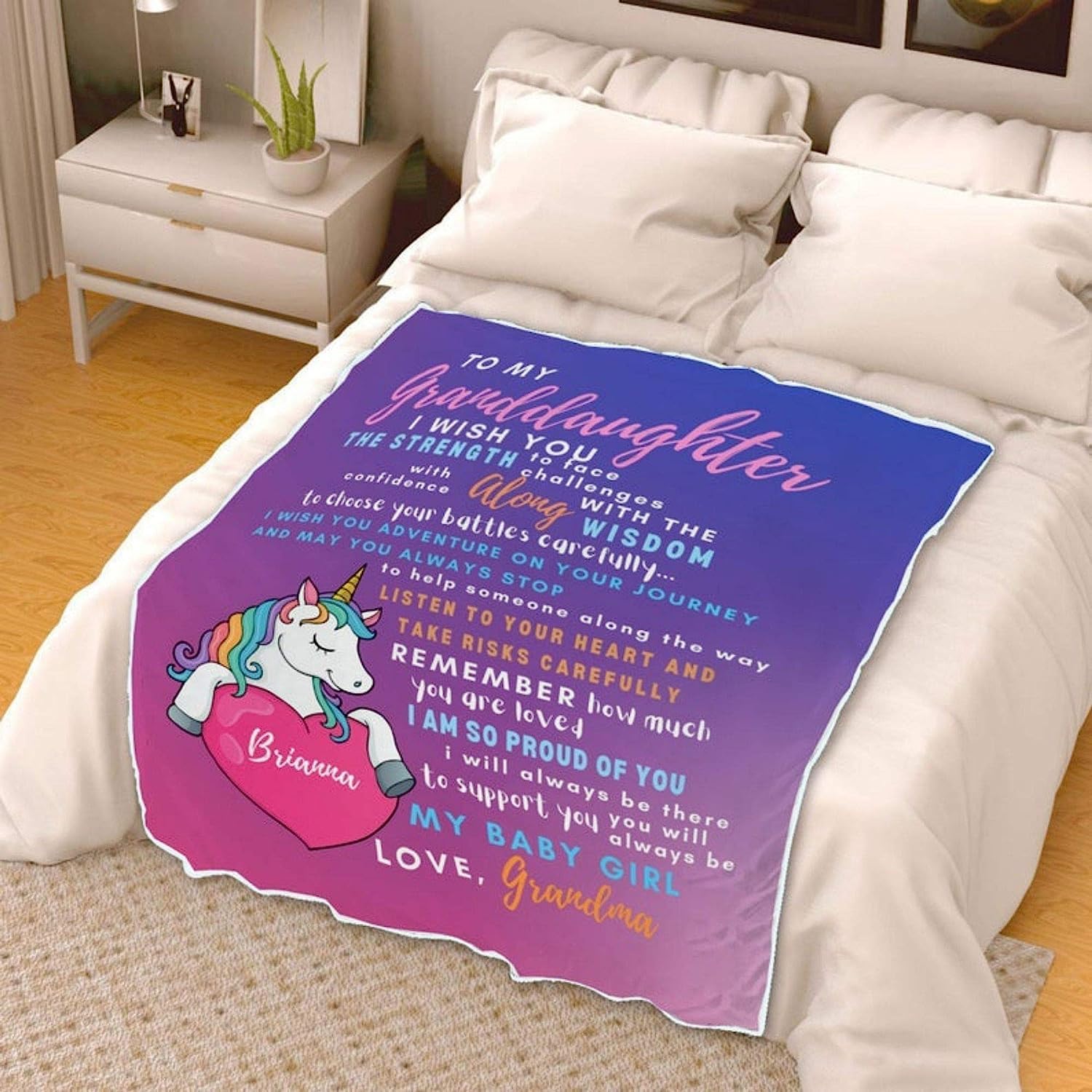 Manta de unicornio personalizada para niñas de la abuela, manta de forro polar personalizada con nombre de corazón para niños, manta de unicornio personalizada única para ahijada de parte de madrina