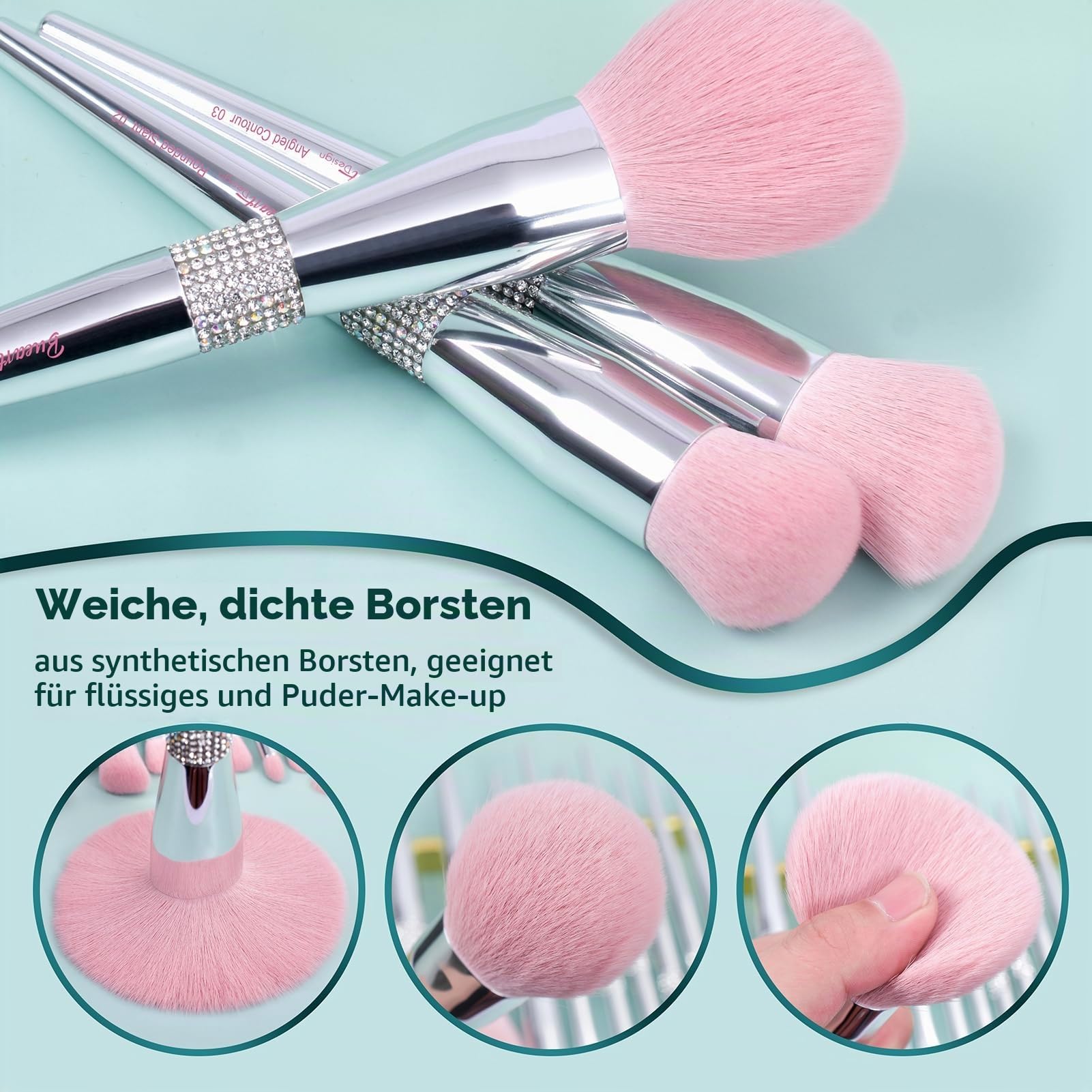 Bueart Design Elegante juego de brochas de maquillaje ultra suaves con soporte para brochas de maquillaje con base de polvo, rubor y contorno (15 unidades, rosa plateado + soporte)