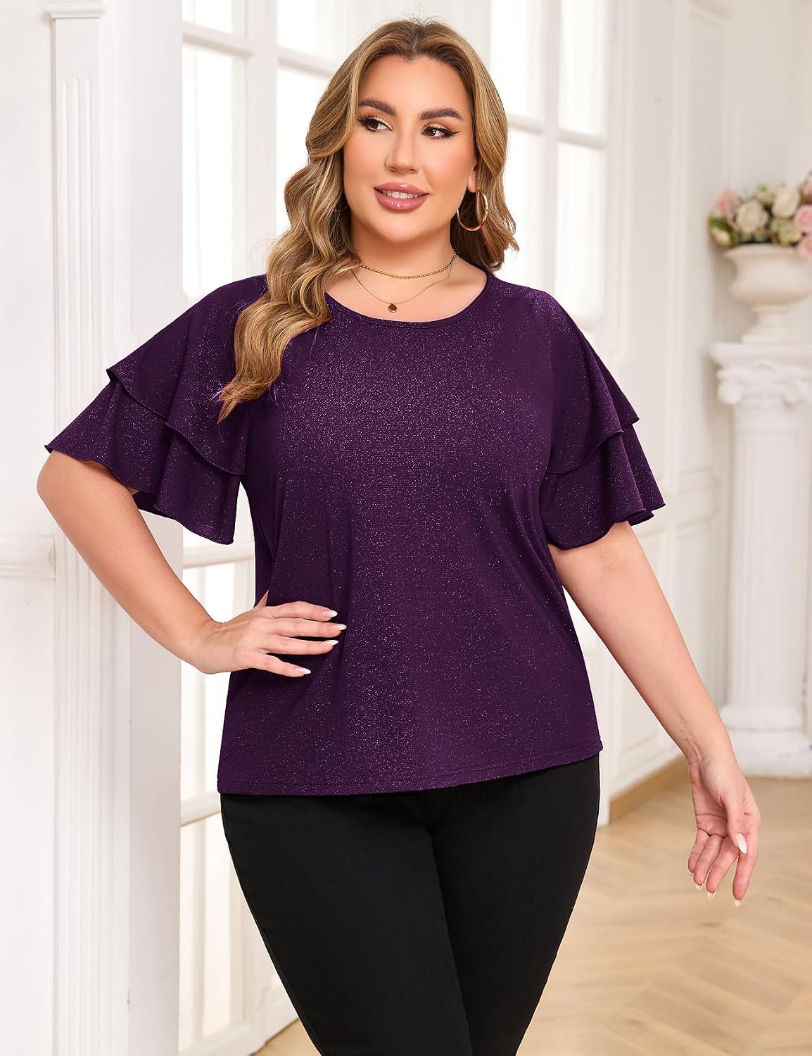 ZOMVA Women's Plus Size Sparkly Top Glitter Blouse Short Ruffle Sleeves Dressy Shirt Elegant Party