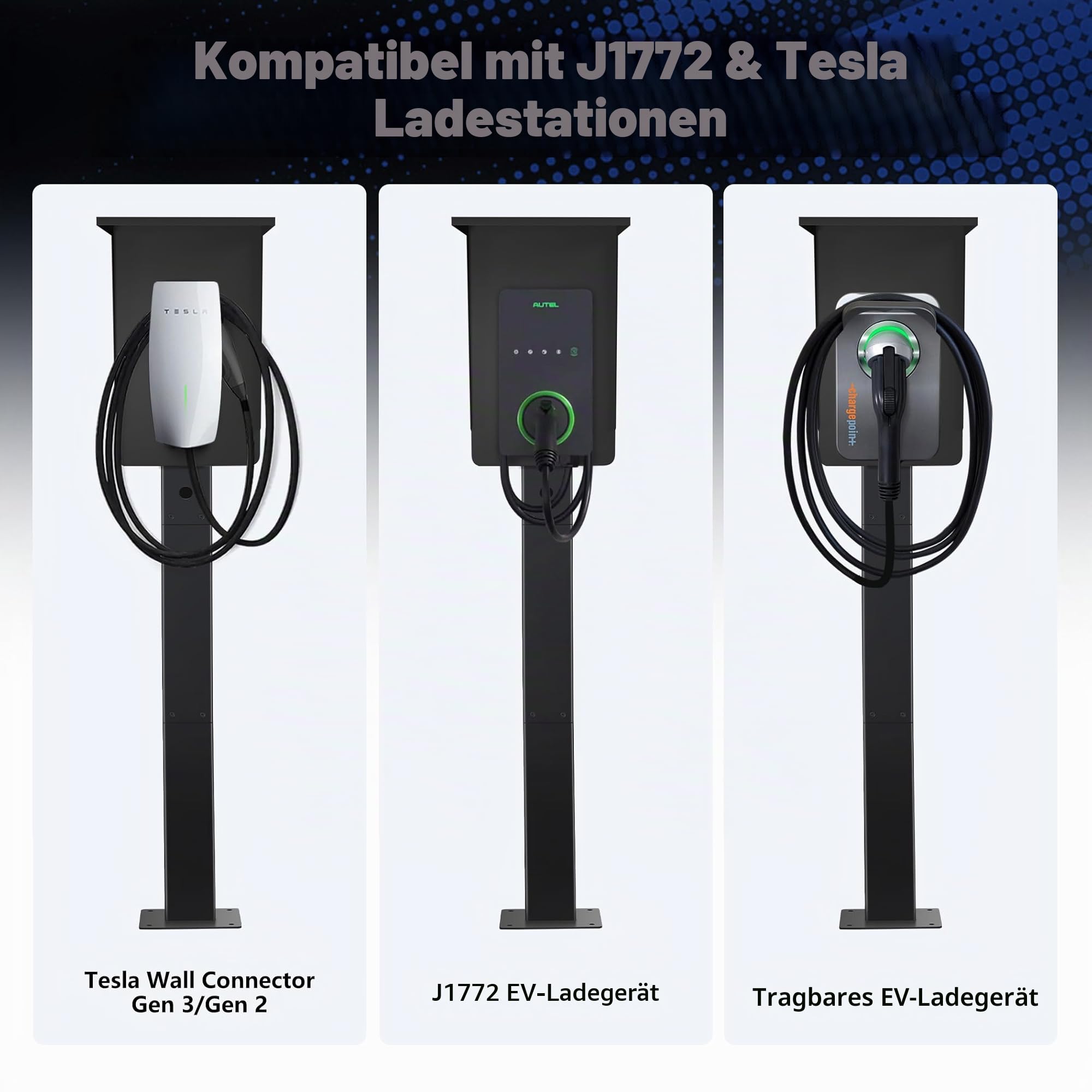 EV Ladesäule mit Dach – Wetterfester Standfuß für Wallbox, geeignet für Tesla Gen3, Mobile Connector & Typ 2 / J1772 Ladegeräte | EUIPO Reg. Nr. 015116807-0001