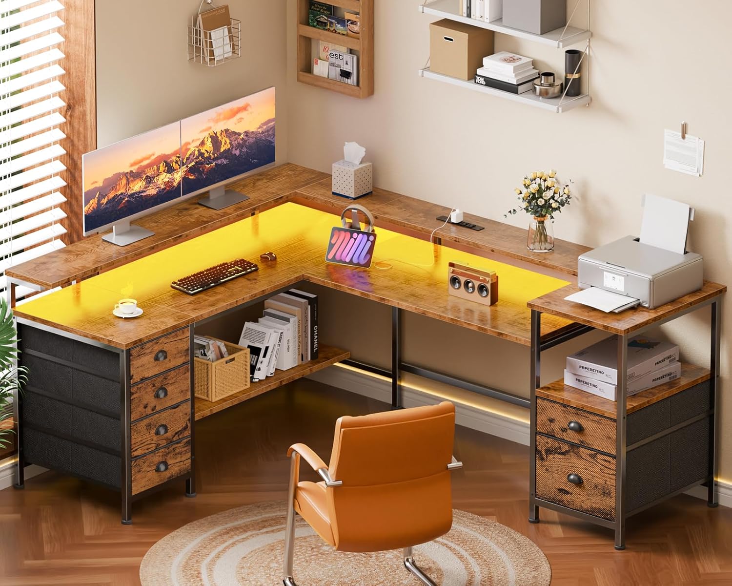 Close-up view of the fabric drawers, showing their construction and how they fit into the desk.