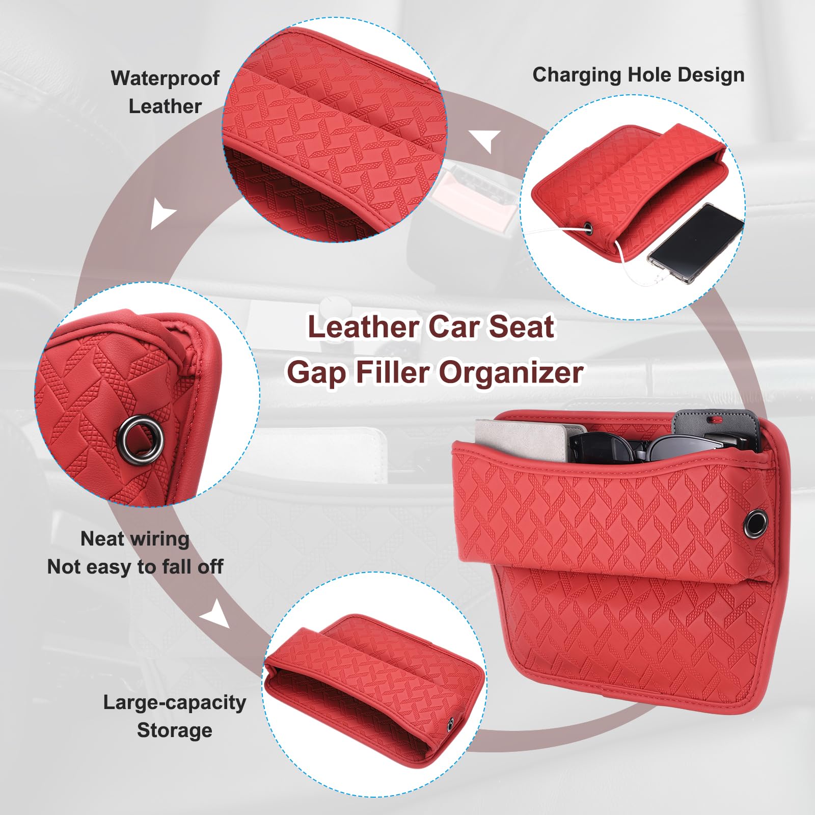 QUARKZMAN 2 Stück Autositz Lückenfüller Organizer 29.2 x 20.4 x 5.4 cm Leder Universeller Auto Organizer Aufbewahrungsbox Zwischen Sitz Und Konsole Für Handy Sonnenbrille Schlüssel Rot