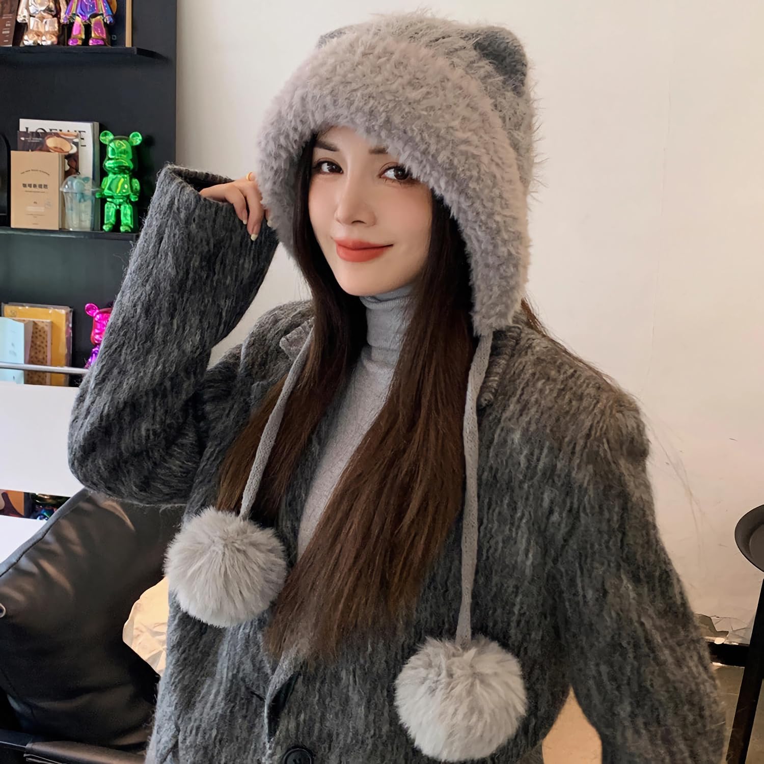 HUAMULAN Women Winter Sherpa Beanie Hats Knit Ear Flaps Peruvian Cover Ears Fleece Lined Ski Snow Hat Pompoms - Image 8