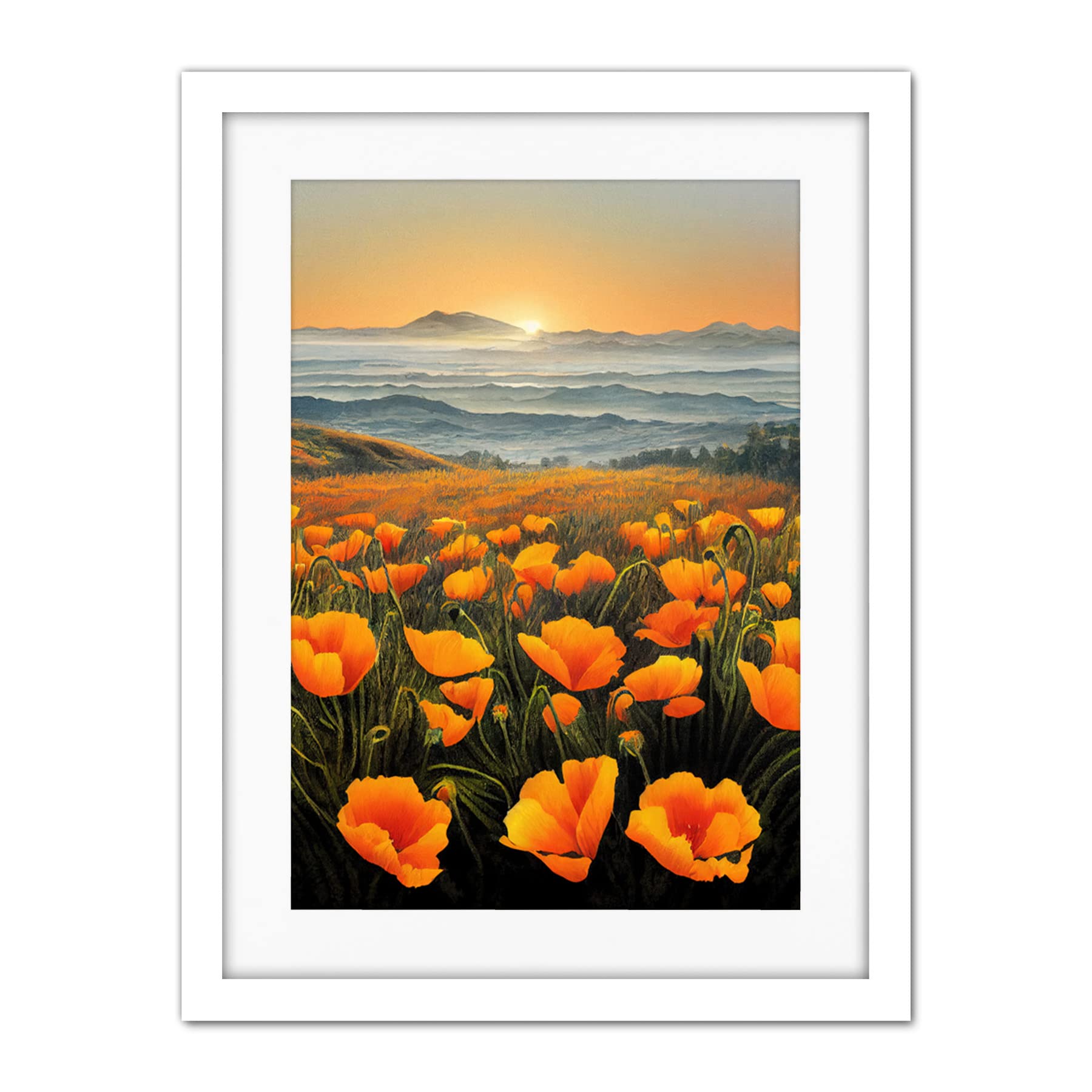 Doppelganger33 LTD Shoreline California Poppies At Sunrise Painting Artwork Framed Wall Art Print 18X24 Inch