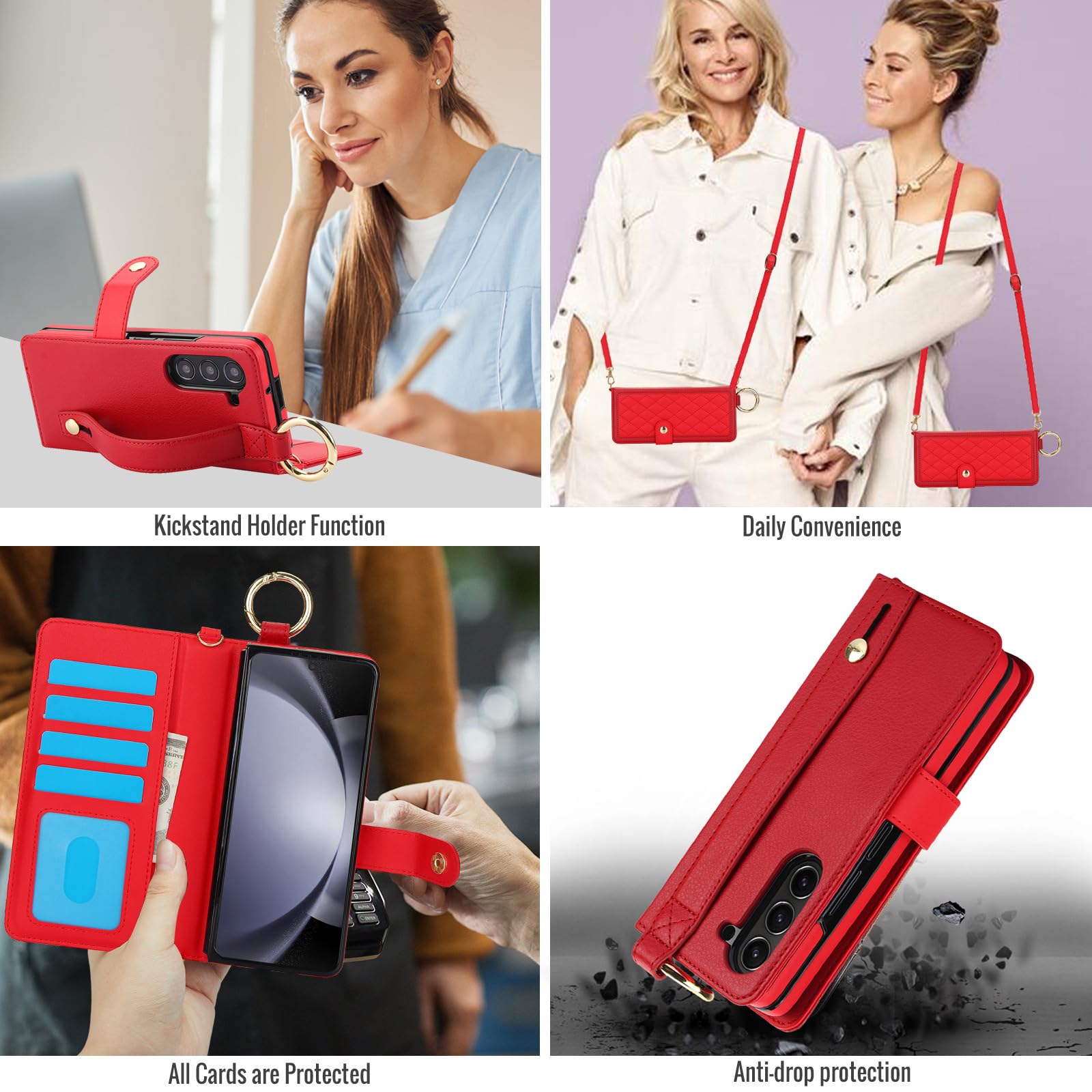 Skórzane etui do Samsunga Galaxy Z Fold 6, modny portfel z klapką, etui na telefon komórkowy z 4 miejscami na karty i uchwytem na długopis S, pasek na nadgarstek, etui z podstawką, czerwone