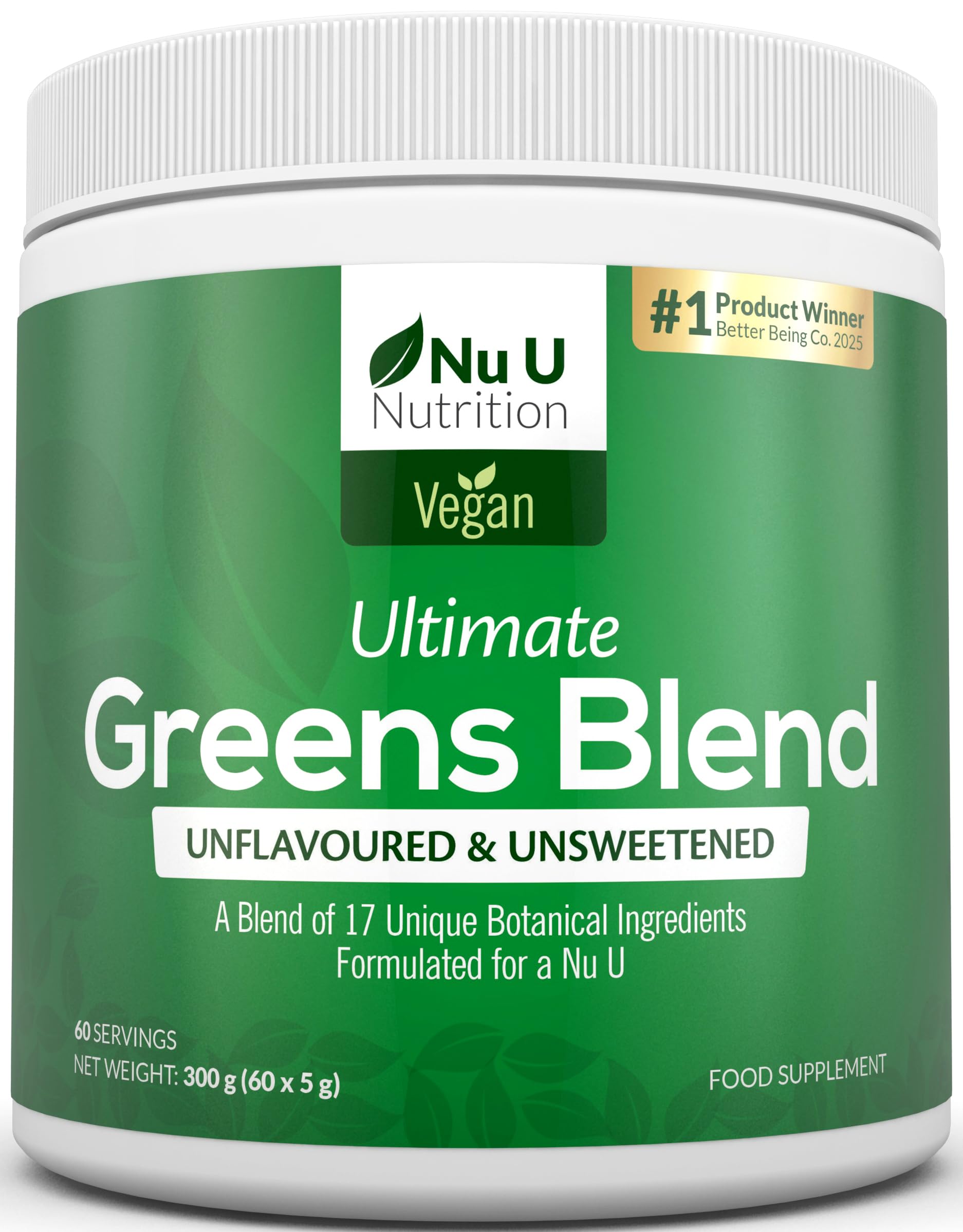 Nu U Nutrition - Super Greens Powder 300g - 17 Superfood Ingredients - 60 Servings - Ultimate Greens Blend with Maca, Beetroot & Inulin - Unflavoured, Unsweetened - 100% Vegan - Made in The UK