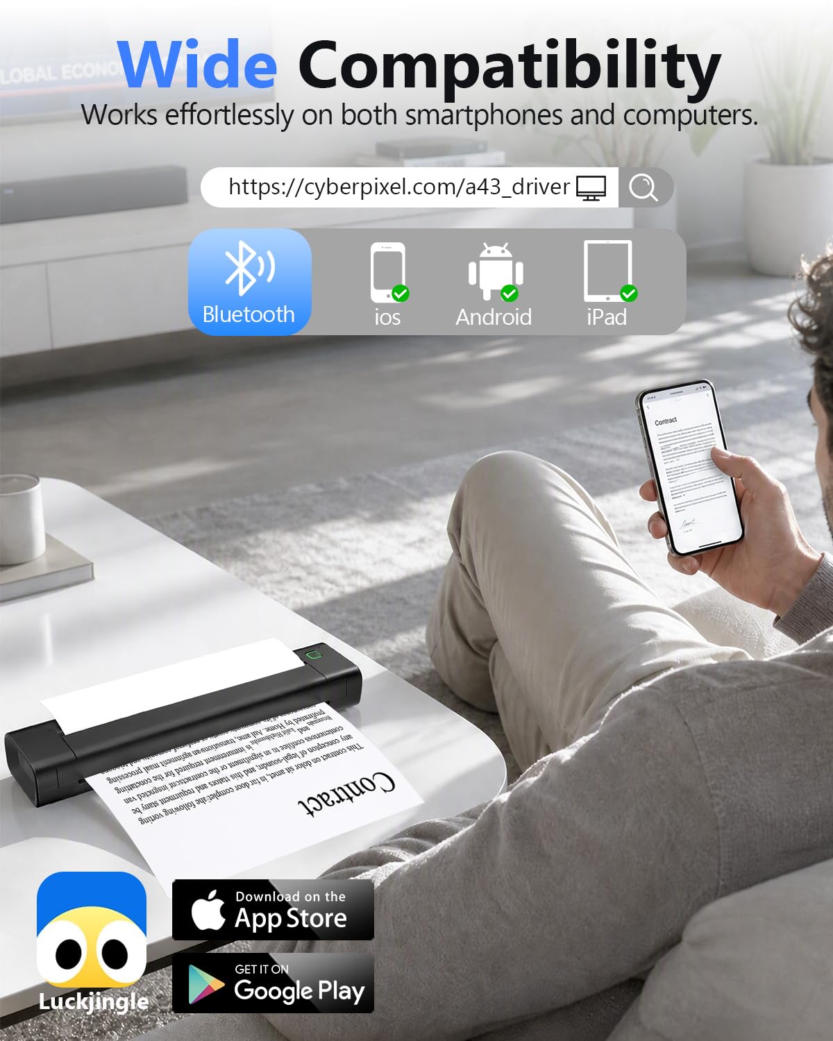 Imprimante Thermique A4 Portable, Bluetooth, sans Encre, Noir