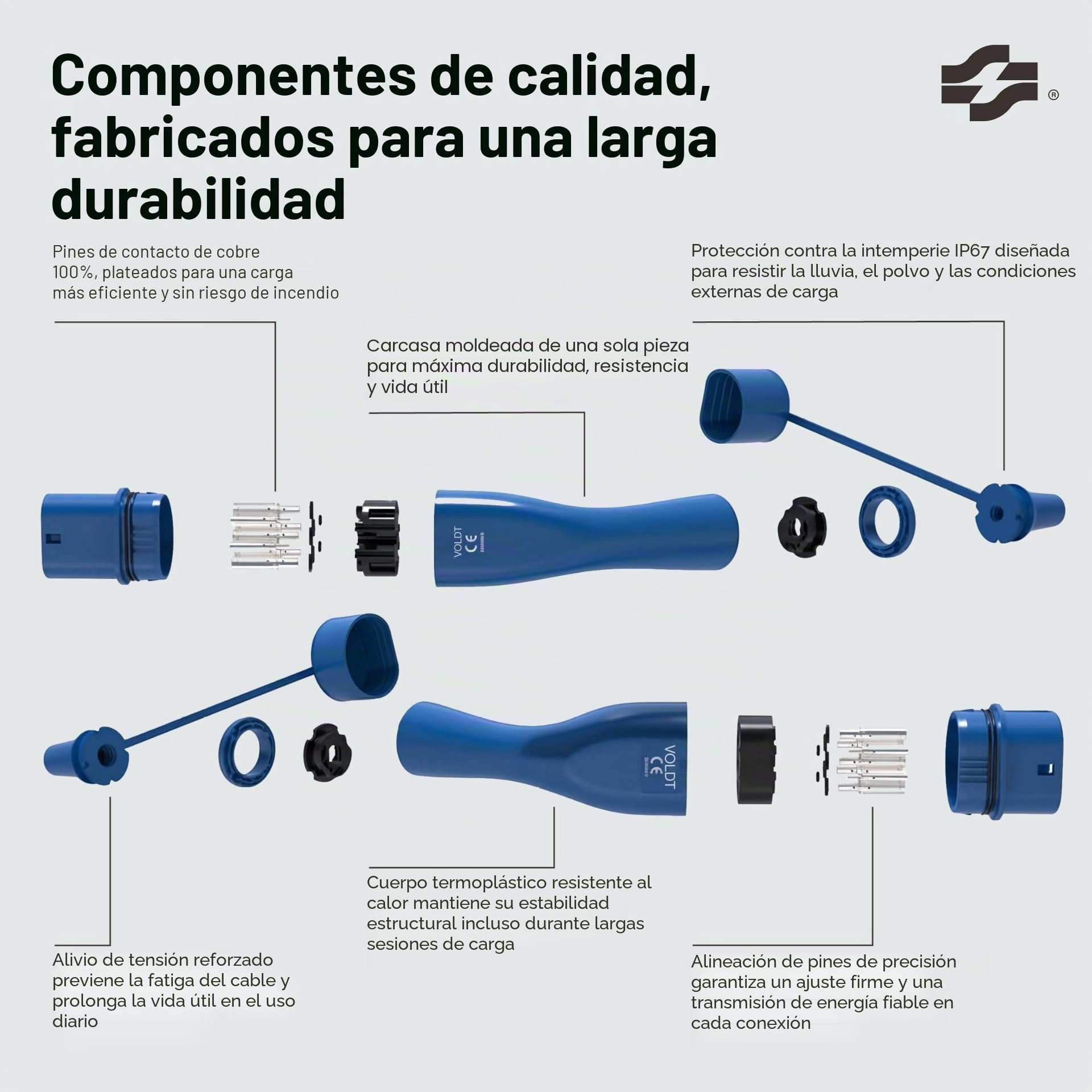VOLDT Cable de carga tipo 2, 22 kW, 32 A, 3 fases para coche eléctrico EV PHEV, tipo 2 a tipo 2, modo 3, adecuado para modelos S/X/Y/3, ID.4, E-Tron, e-208, I4, IX1, Zoe, etc. IP67
