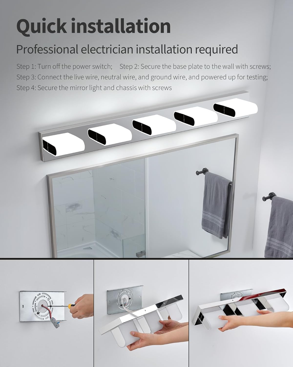 KDG LED Modern Bathroom Vanity Light Fixtures, 5 Lights Stainless Steels Silver 5000K Wall Lighting Over Mirror, Lights for Dressing Room, Bedroom, 37.4 inch
