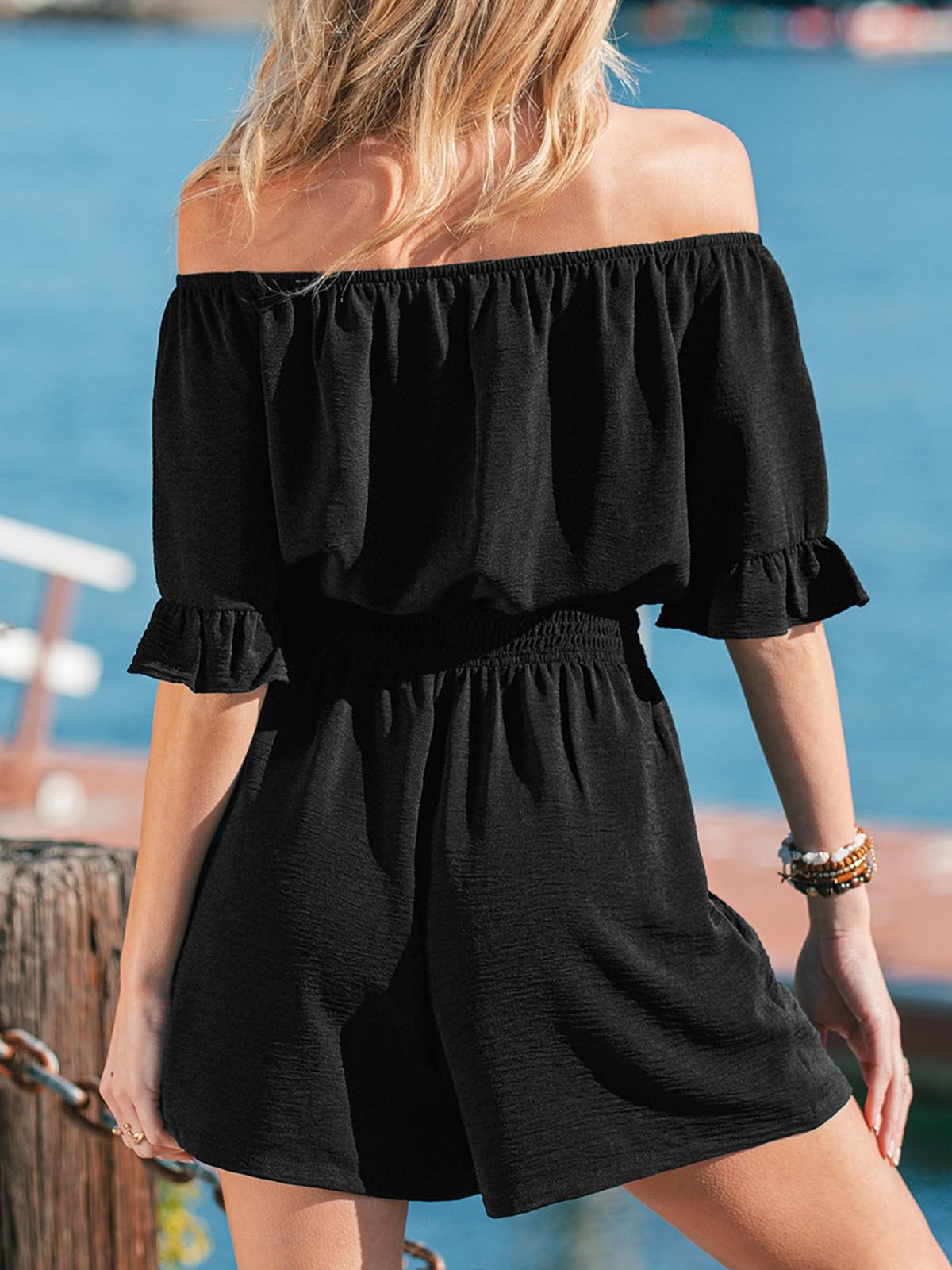 CUPSHE Enterizo de manga corta con hombros descubiertos y cintura elástica para mujer, estilo casual, para verano, vacaciones, con bolsillos