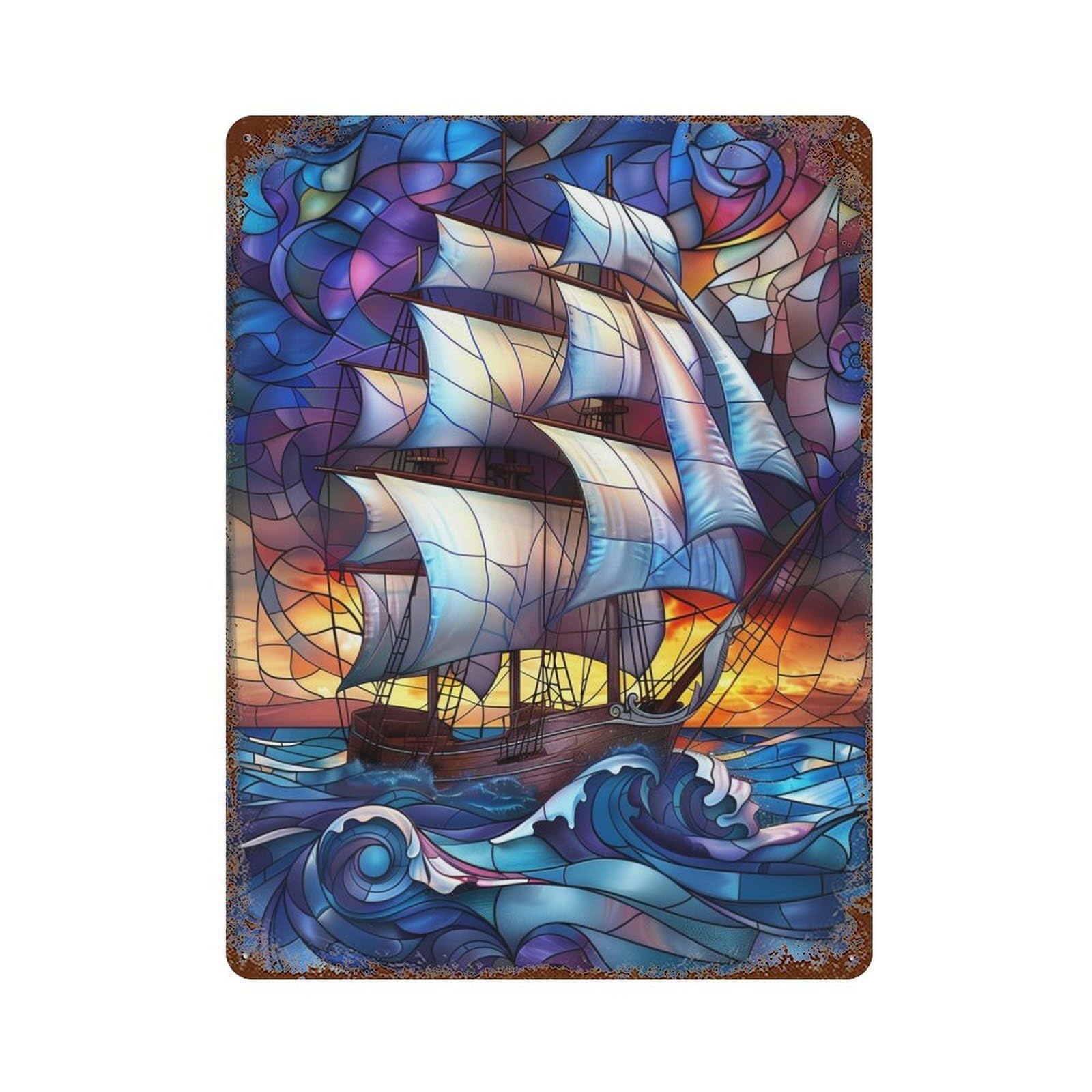 Stained Glass Pirate Ship Decorative Tin Sign 15.7"x11.8", for Bistro, Counter And Cafe Decor, Classic Wall Plaque