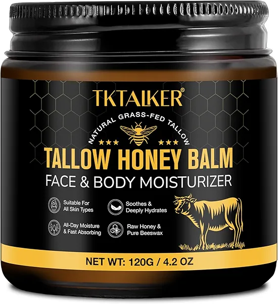 Beef Tallow for Skin, Beef Tallow for Face, Hydrating Tallow Balm with Raw Honey and Beeswax, Grass-Fed Beef Tallow & Raw Wild Honey Blend, Body & Face Moisturizer, Natural Formula, Light Scent