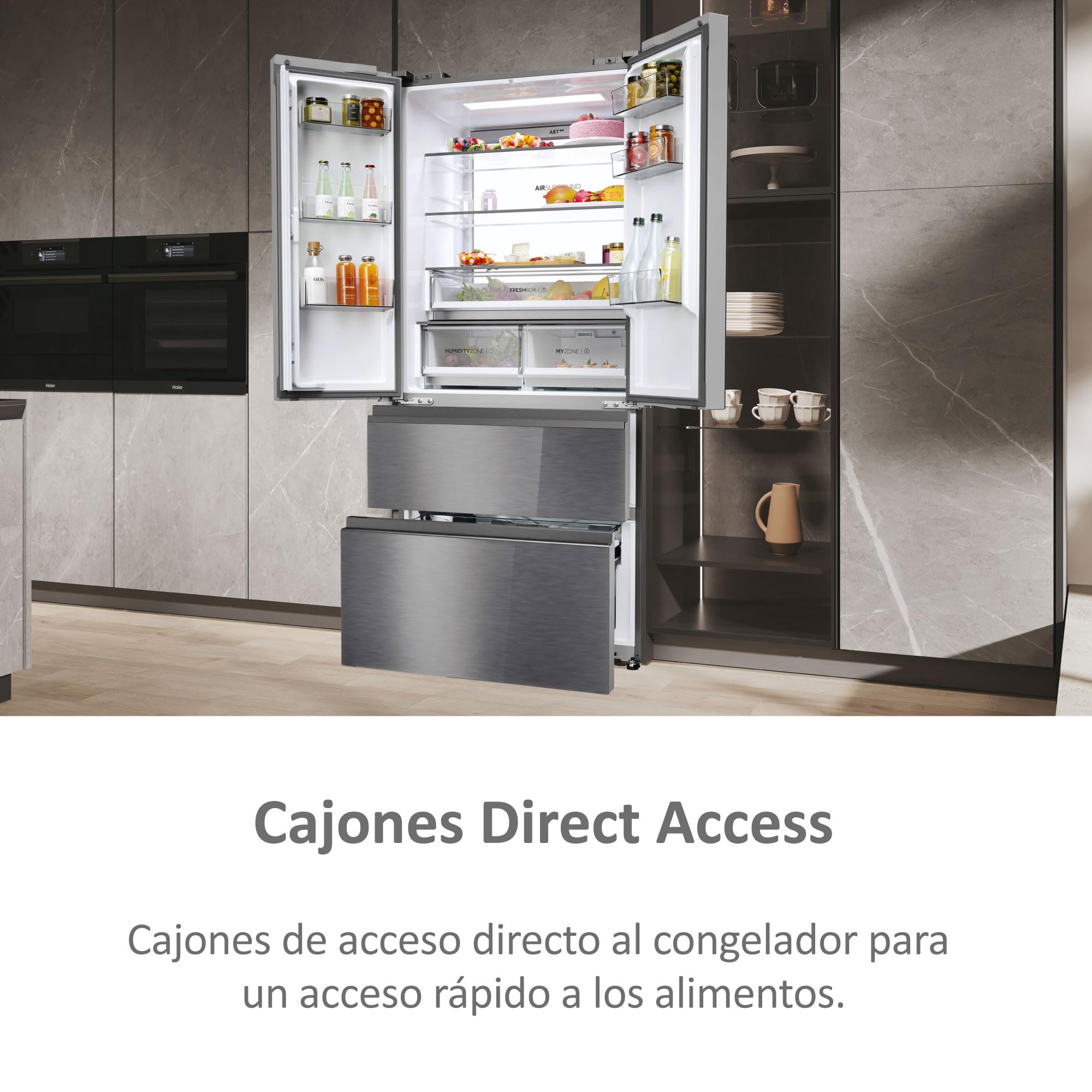 Haier FD 83 Series 7 HFR7819ENGC - Frigorífico Puerta Francesa, 504L, Cajones Direct Access, AirFlow, WIFI, Motor Inverter, Humidity Zone, Total No Frost, Ancho 83cm, Daylight, Glass Inox Look