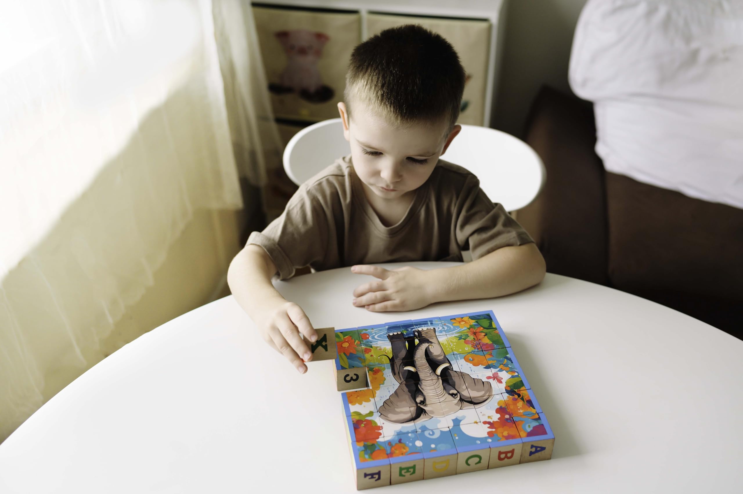 CUBICS – Puzzle Montessori 6-en-1 en Bois Naturel sans Plastique – 36 Cubes – 6 Puzzles Éducatifs Lettres, Chiffres et Animaux – Jouet Enfant dès 3 Ans – Idée Cadeau Noël ou Anniversaire