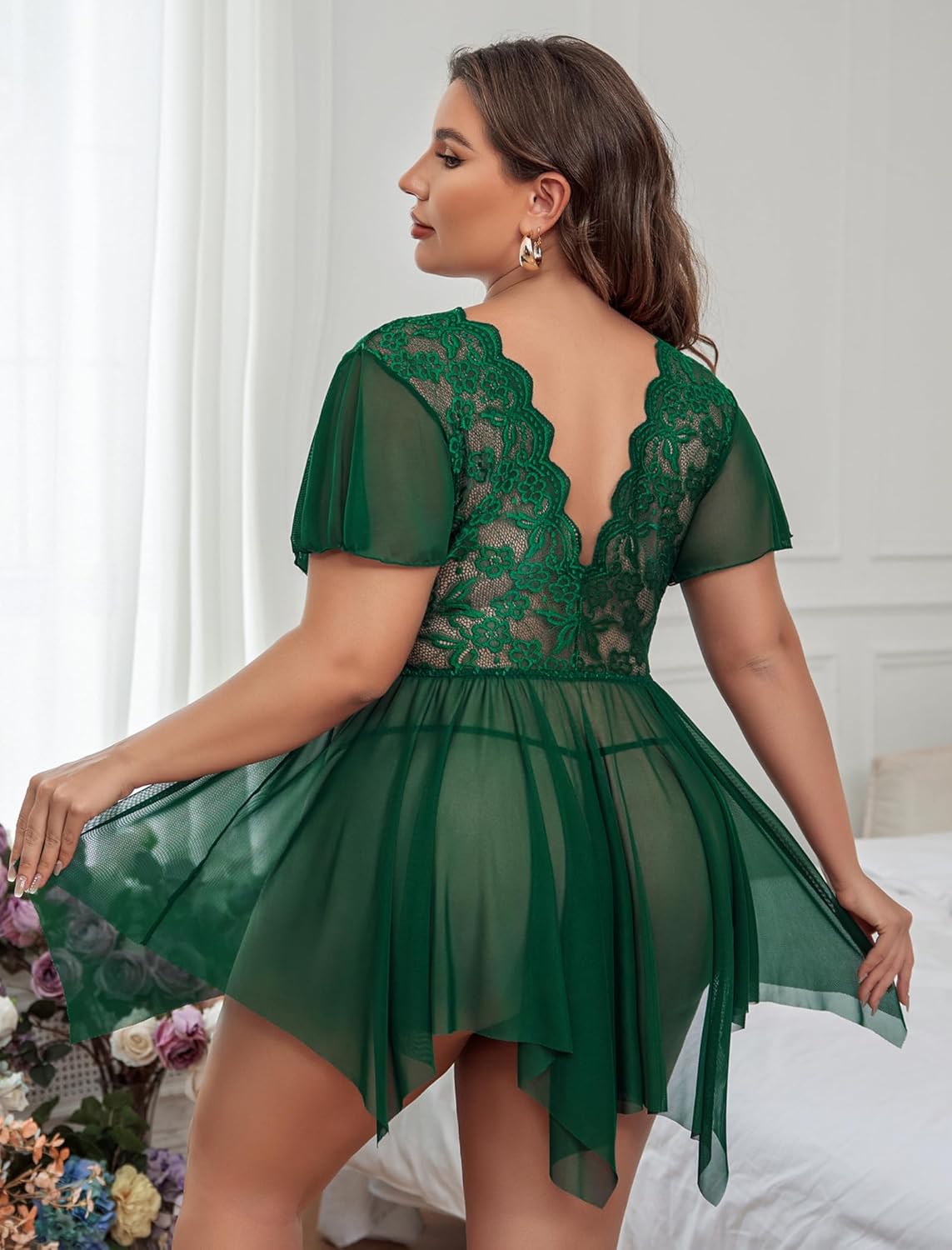 Avidlove Women's Plus Size Babydoll Floral Lace Lingerie Deep V Nighty Mesh Sleepwear - Image 6