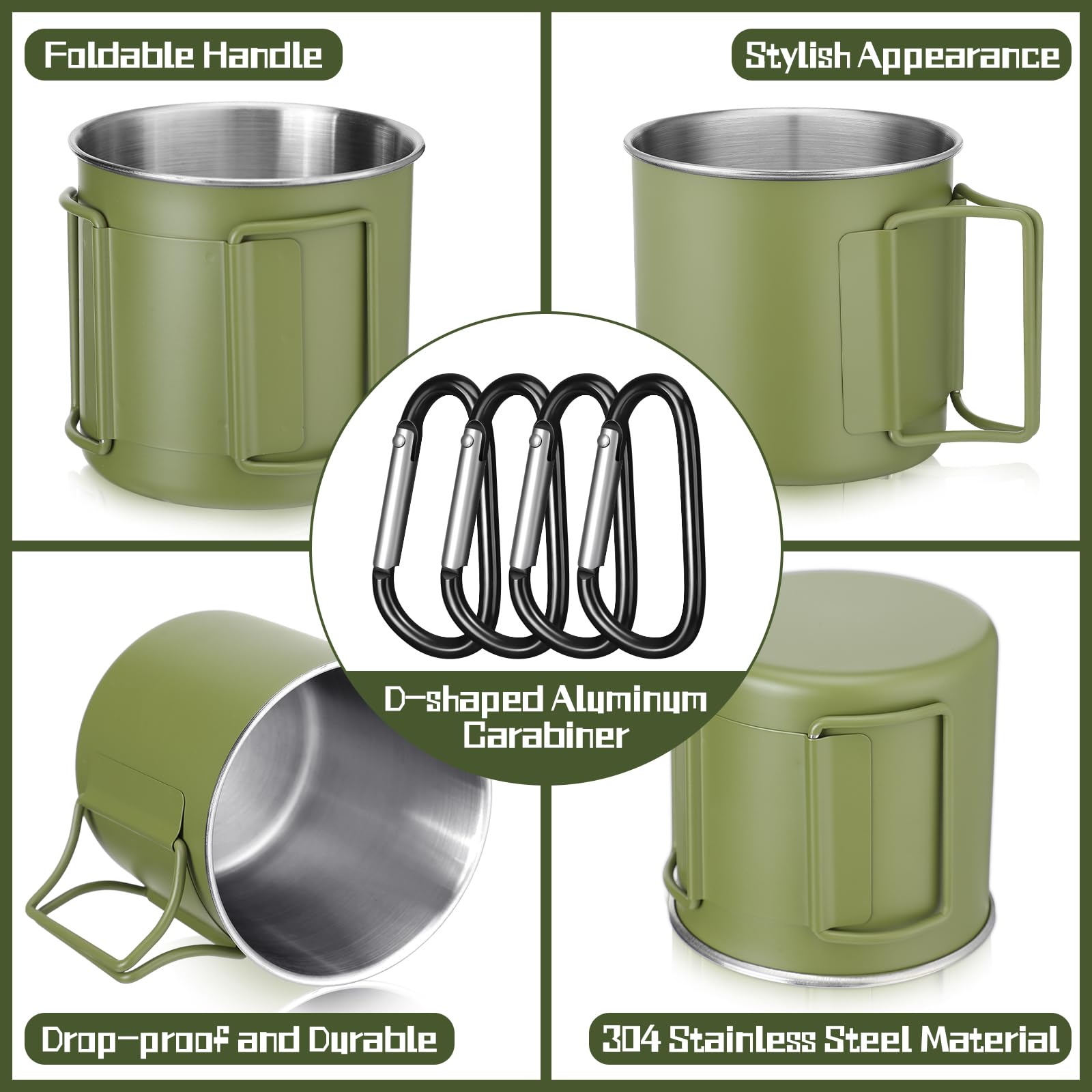 Zhehao 4 tazas de camping de acero inoxidable con asas plegables y pequeños anillos en D portátiles de 12 onzas, tazas de café para camping, mochileros, tazas de viaje para acampar al aire libre,