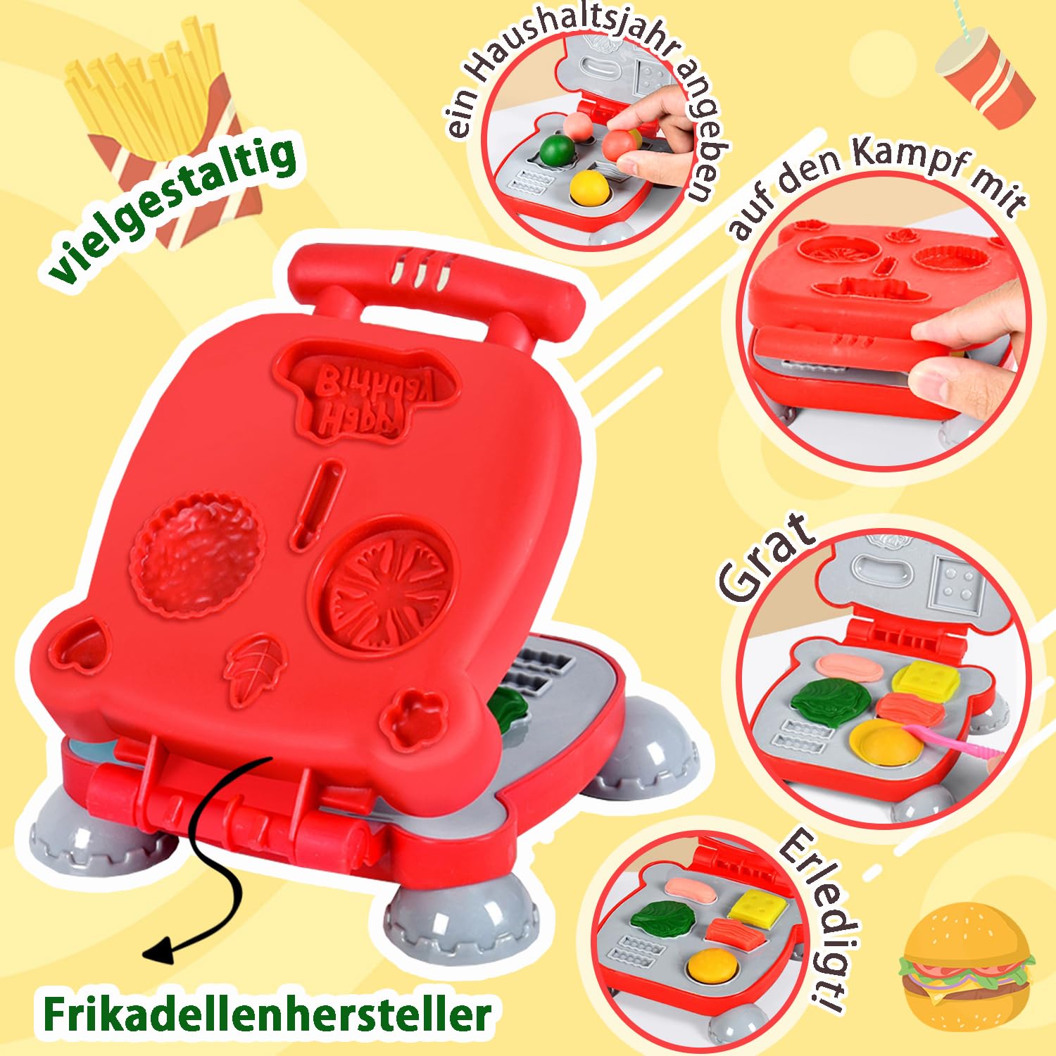 VBACALA 3-in-1 Knete Set Kinder 51 Stück, Knetmaschine für Eiscreme, Nudeln & Burger, mit 12 Dosen Knetmasse, Knetspielzeug mit Formen & Zubehör, Kreatives Geschenk für Kinder ab 3 Jahren