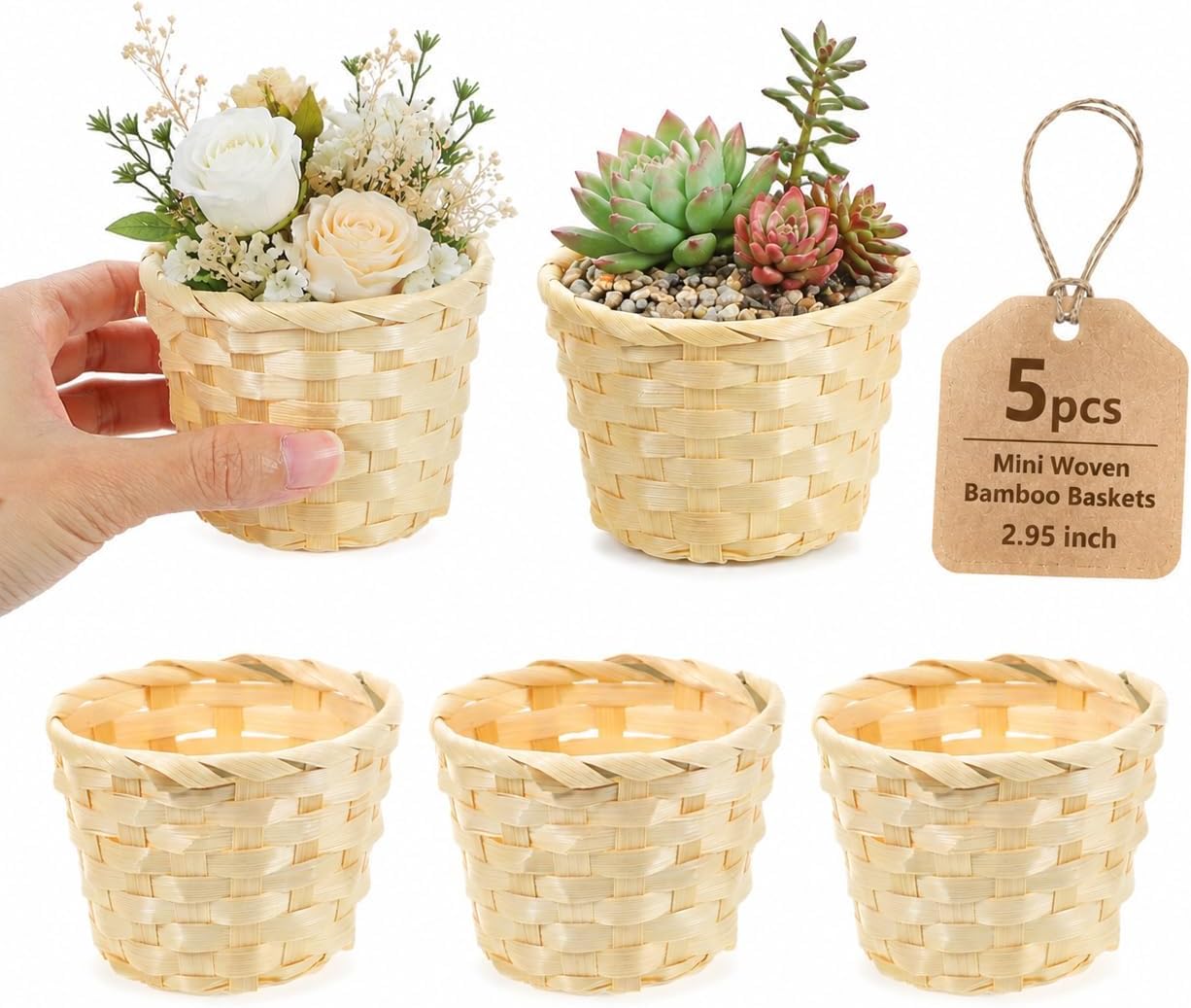 5 Pcs Small Basket Mini Woven Bamboo Baskets for Favors 3" Tiny Wicker Basket for Crafts Round Miniature Storage for Wedding Party Table Centerpieces Office Organizer 2.95x2.95x2.36 Inches
