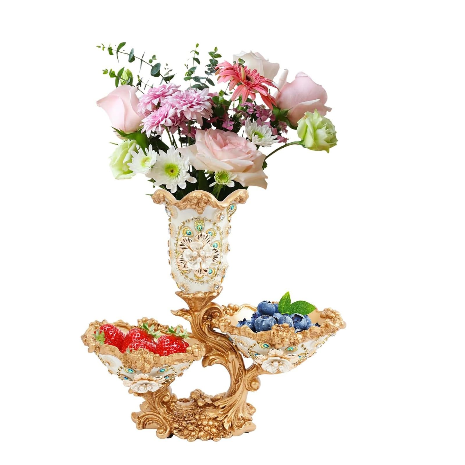 Vaso in resina con vassoio per frutta a 2 ripiani, vassoio per frutta floreale con 6 fiori artificiali, centrotavola per casa, soggiorno, sala da pranzo, hotel