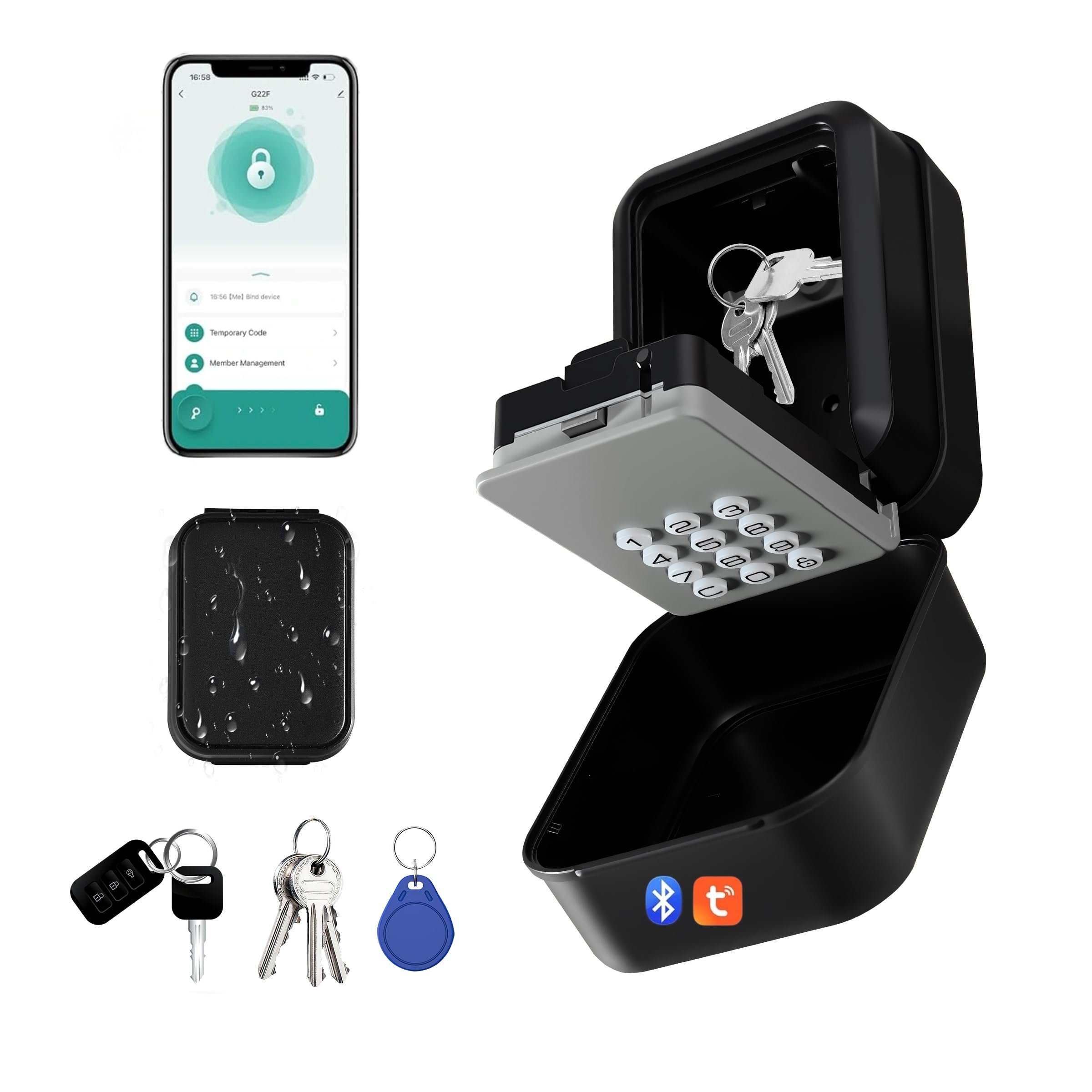 smallwell Smart Key Box for Keys Outside House – Bluetooth Key Lock Box with Tuya App Remote Control & PIN Code, Weatherproof Wall Mounted Key Safe for Airbnb Hosts, Holiday Let, Garage