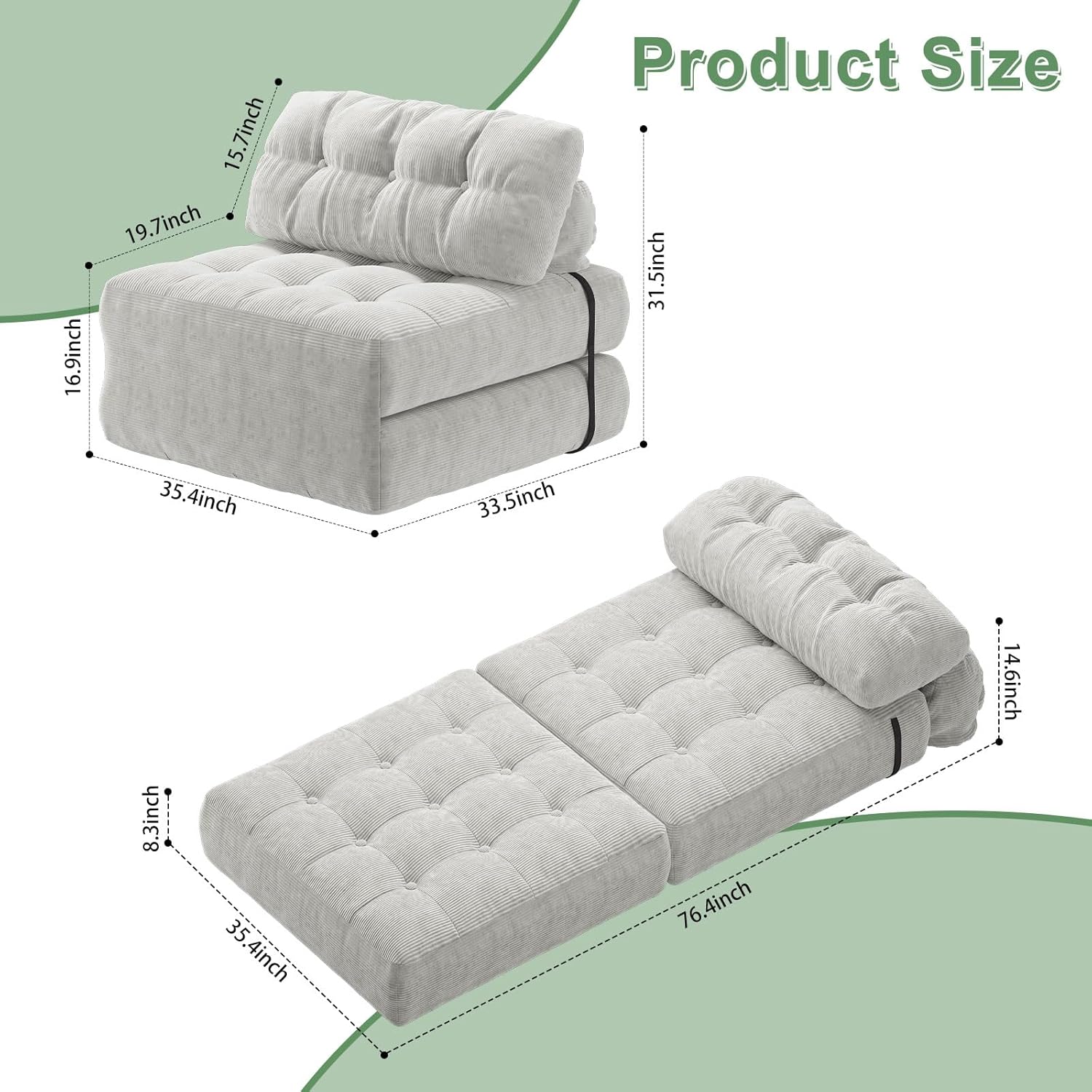 GarveeHome Folding Sofa Bed, Floor Folding Couch with Pillow, Futon Sofa Bed Convertible Sleeper Chair Foldable Mattress Back Support, Portable Fold Out Couch, Single, Corduroy, Beige