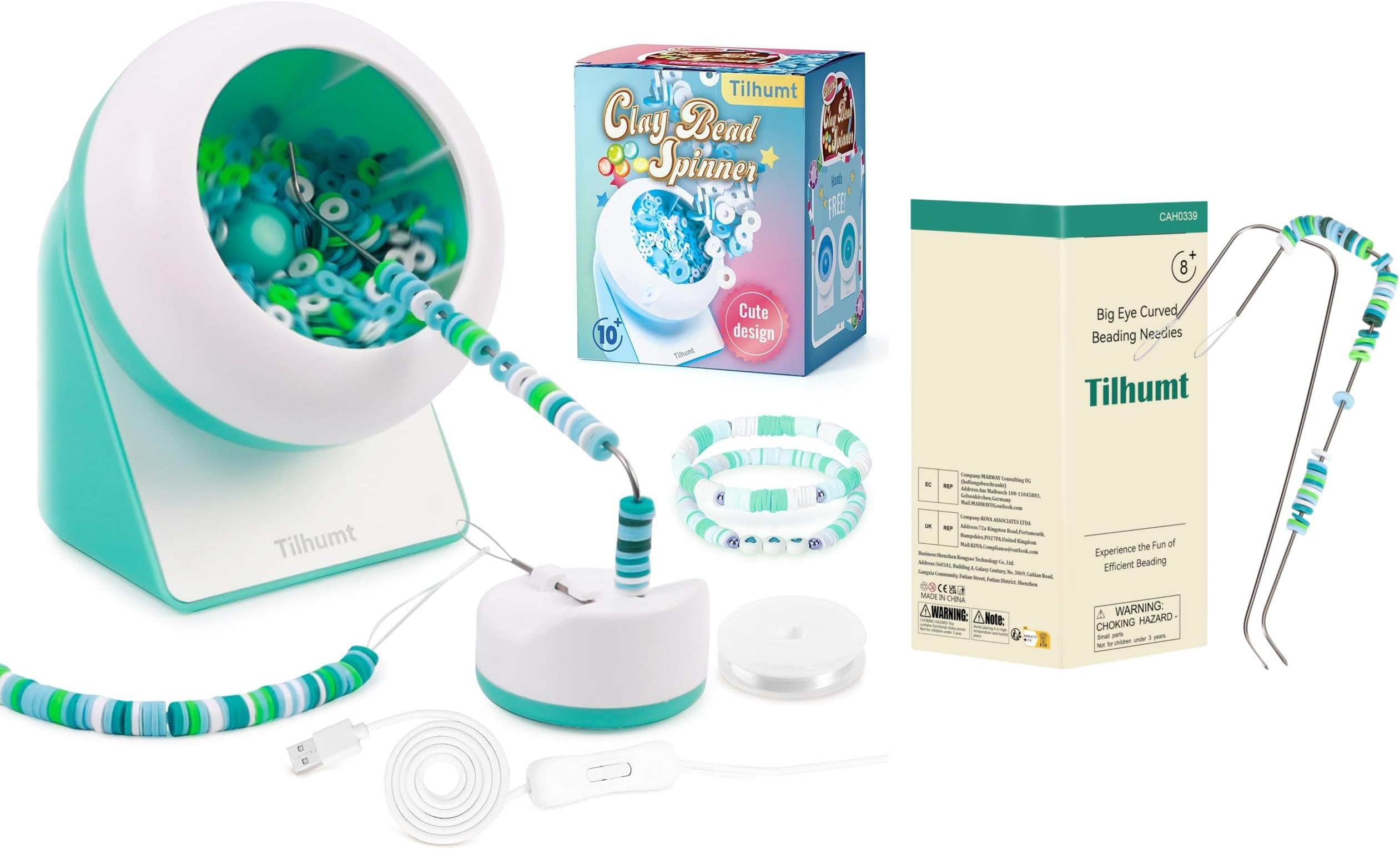Tilhumt Electric Bead Spinner and 2 Pcs Big Eye U-Shape Needles for Making Friendship Bracelets, Waist Crafts, Necklaces