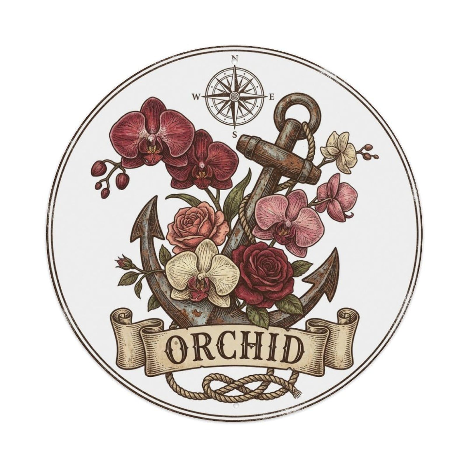 Olhnbad Style Orchid Roses Anchor Seafaring Mark Maritime Metal Tin Sign