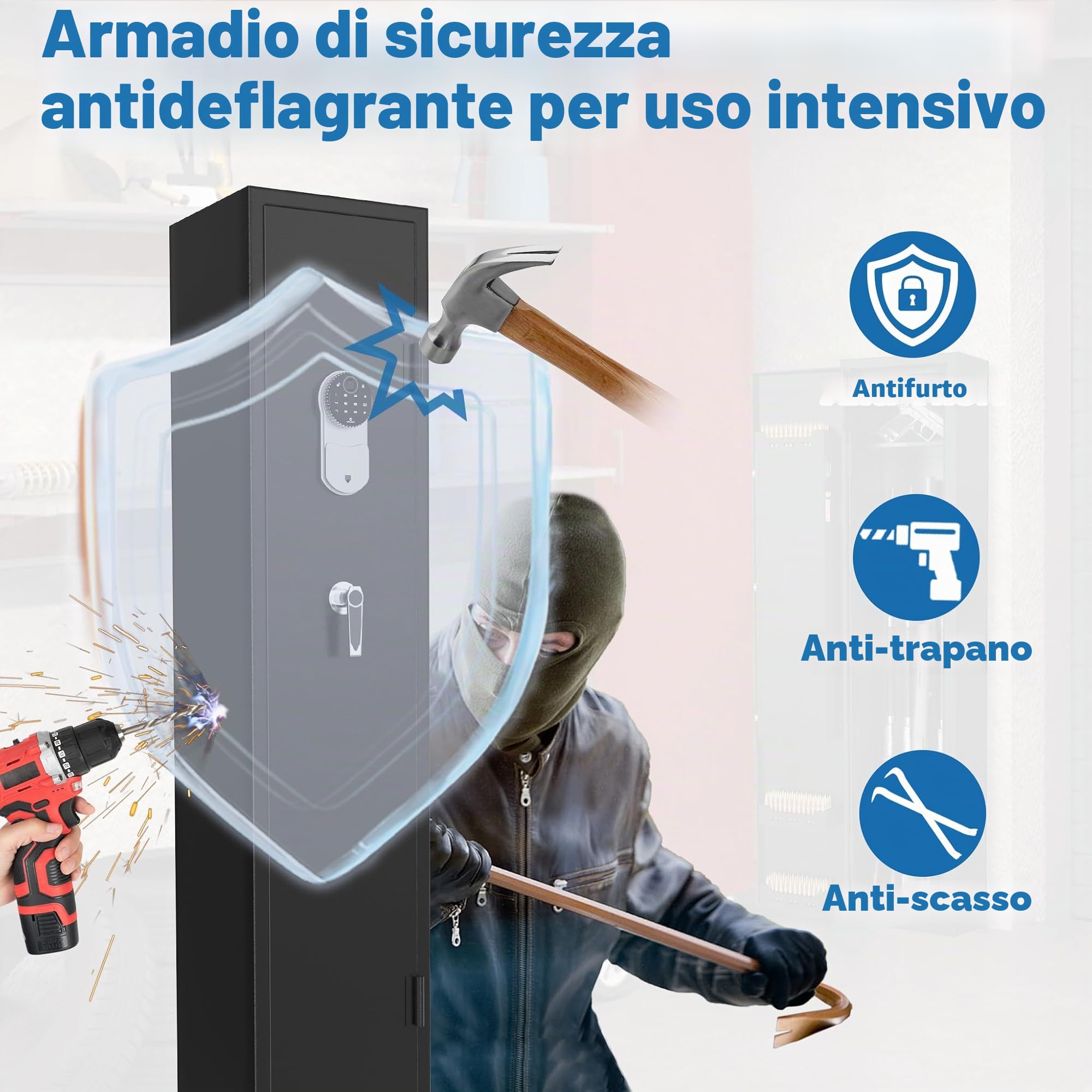 NAIZY Armadietto per armi 30 x 28 x 138 cm, cassaforte per armi corte con serratura a combinazione touch screen e serratura per impronte digitali
