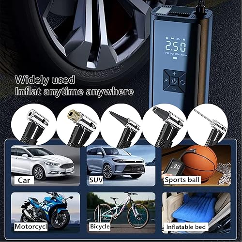 Miniatura 3 de Bomba de compresor de aire portátil de 150 PSI con pantalla digital, banco de energía de 6500 mAh, linterna LED de apagado automático y adaptadores