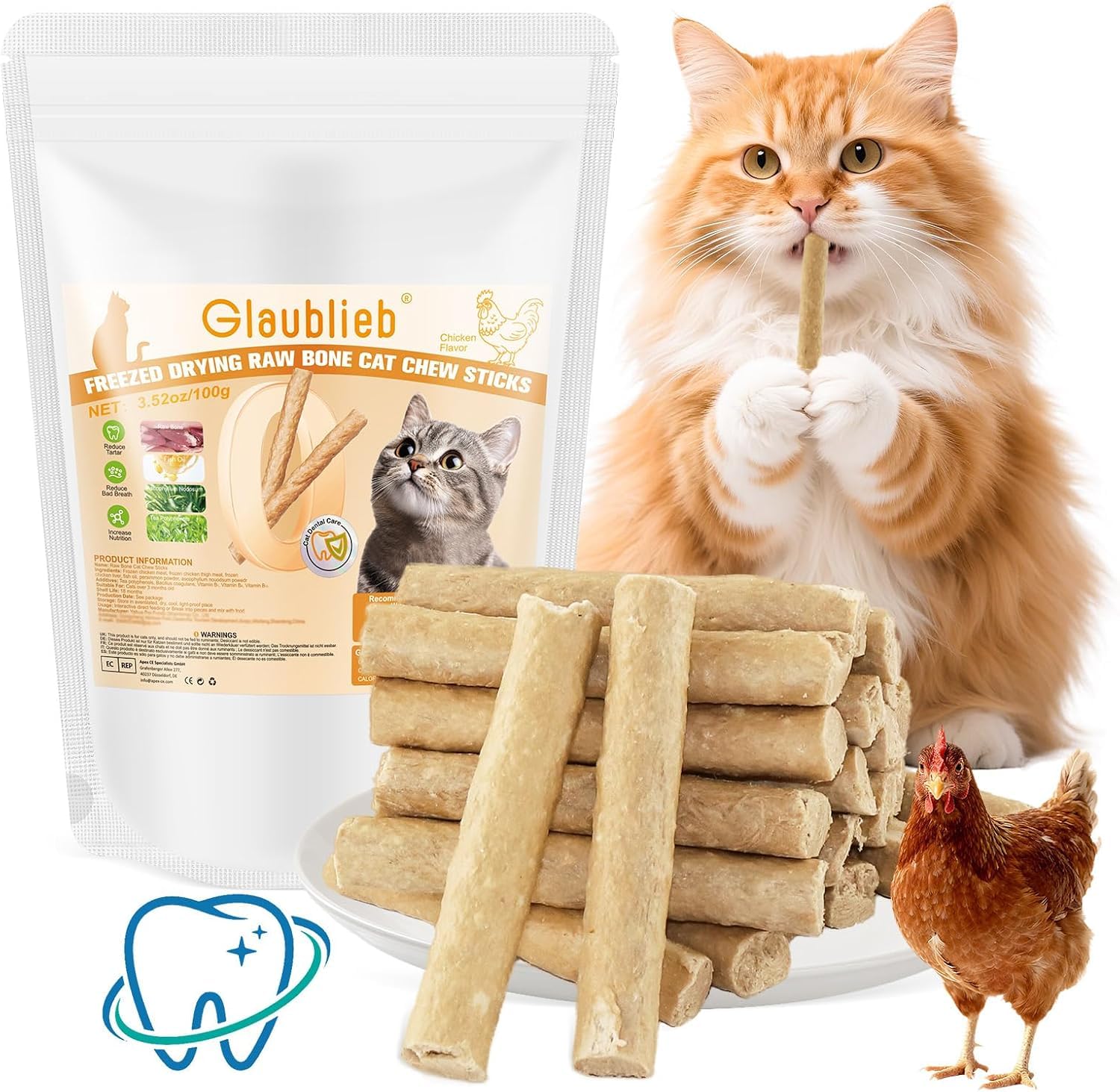 100g Freezed Dried Cat Chew Sticks Chicken Flavor, Cat Dental Treats for Freshens Breath and Controls Tartar, Feline Teething Sticks