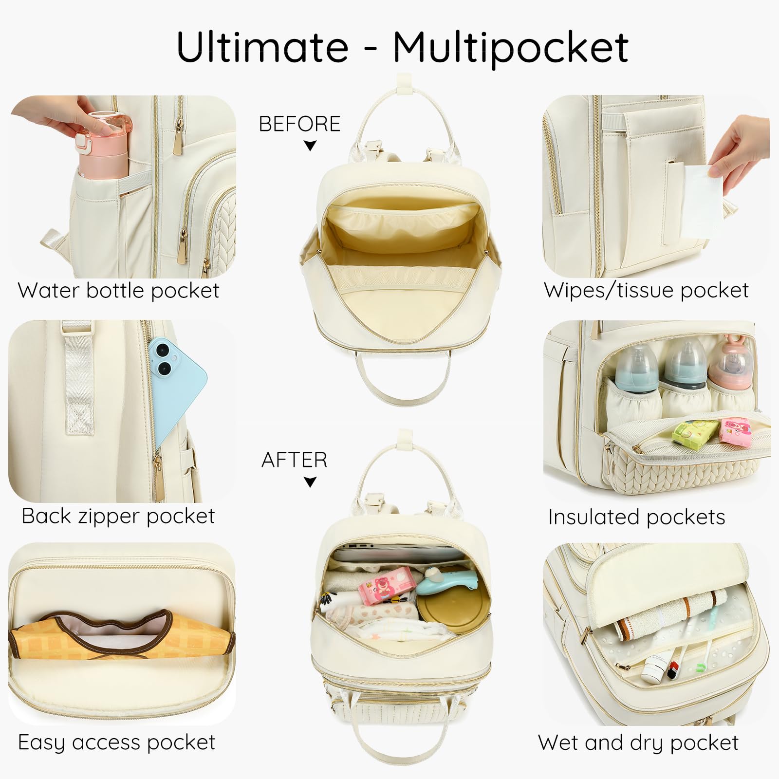 AIJIEKE Mochila para pañales, bolsa de pañales impermeable multifuncional, bolsa de viaje para bebé con cambiador